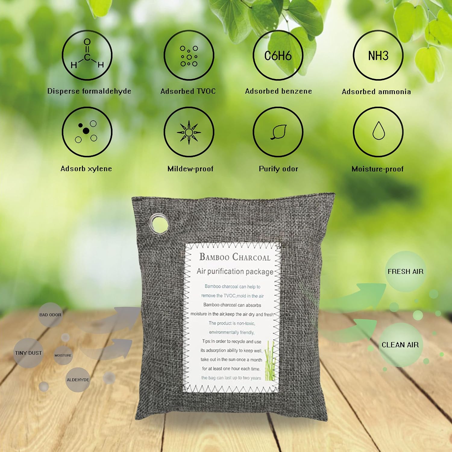 Bolsas de carbón de bambú, bolsas purificadoras de aire, 4 paquetes (7.05 oz cada uno), elimina el olor y la humedad, bolsa purificadora de aire