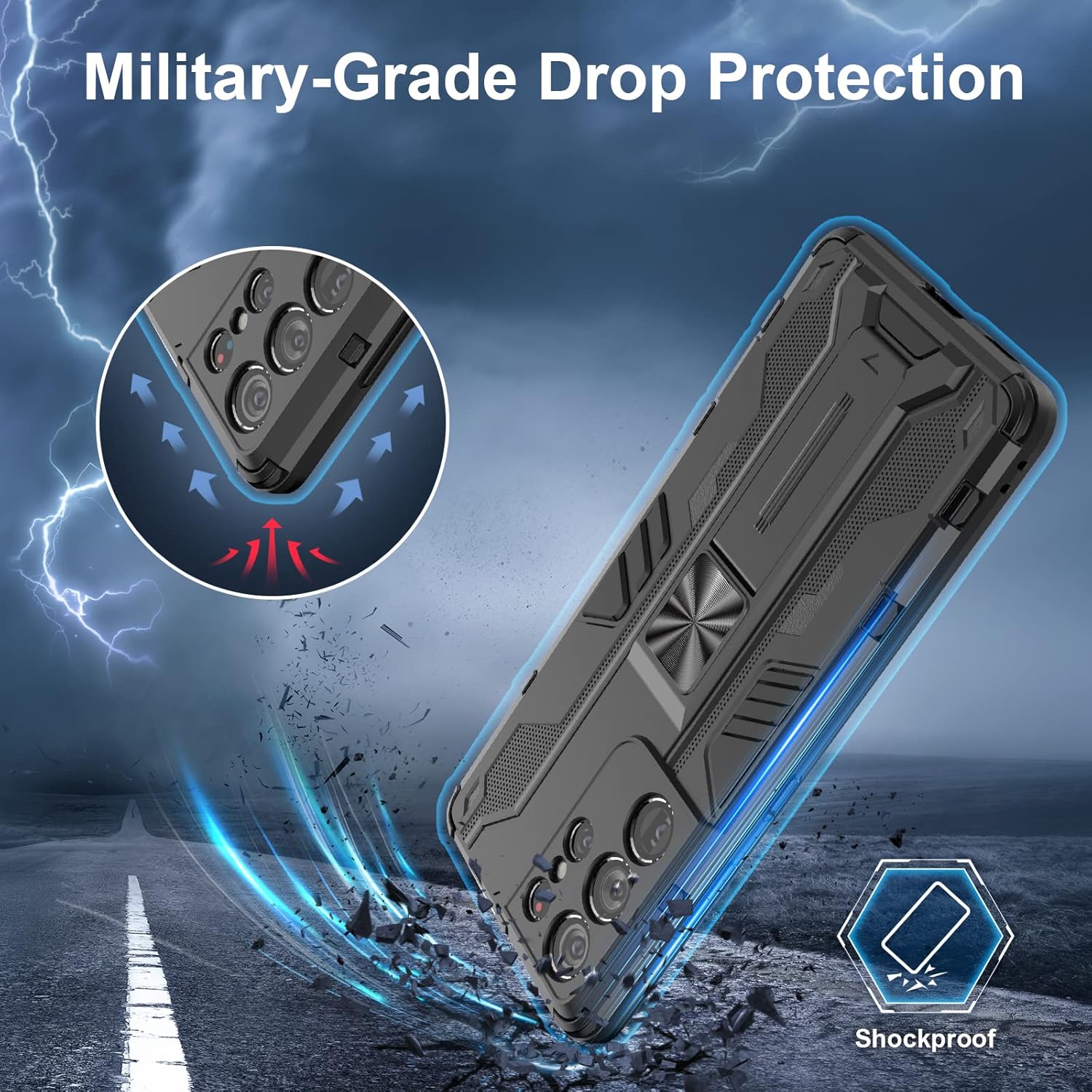 Funda compatible con Samsung Galaxy S21 Ultra 5G, resistente a prueba de golpes con soporte protector Tough Armour – Negro