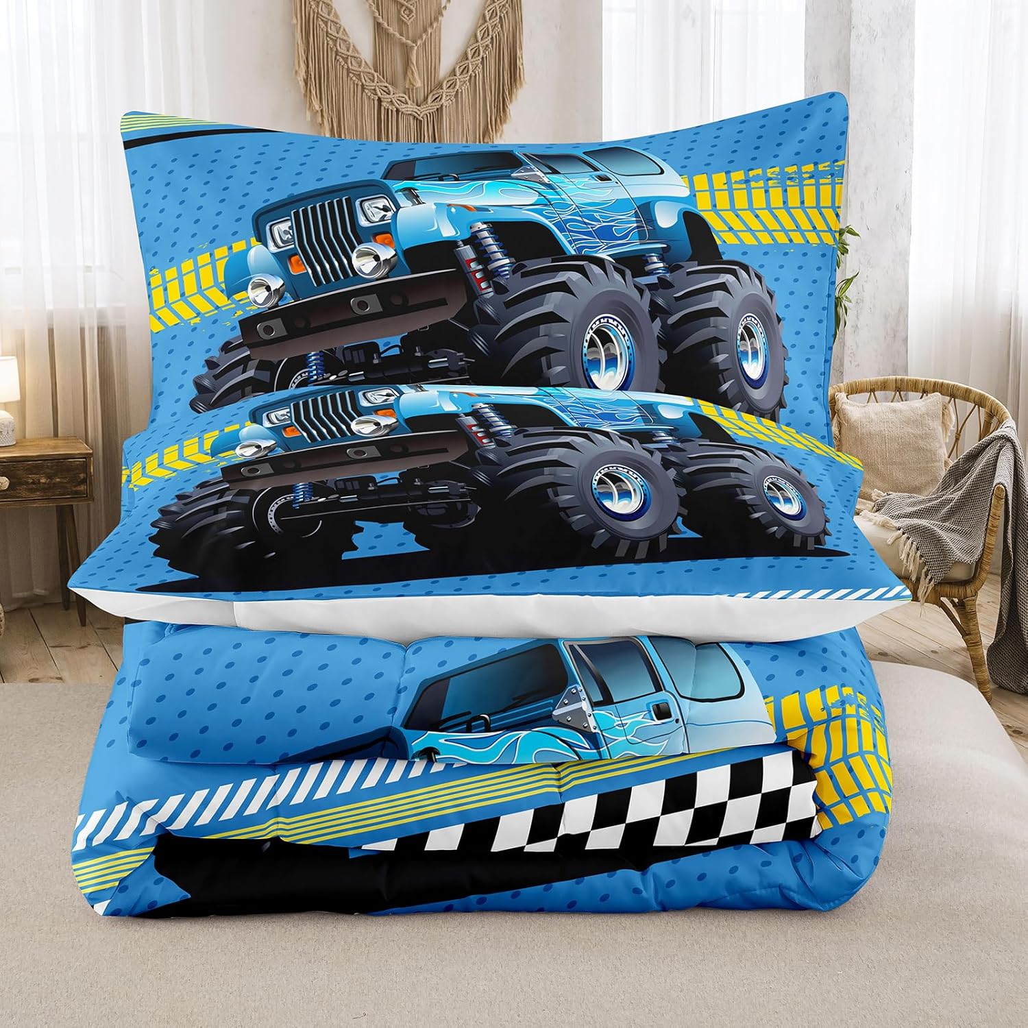 Edredón de camión monstruo azul, tamaño individual, juego de ropa de cama con estampado de camión monstruo para niños pequeños, 1 edredón con 2