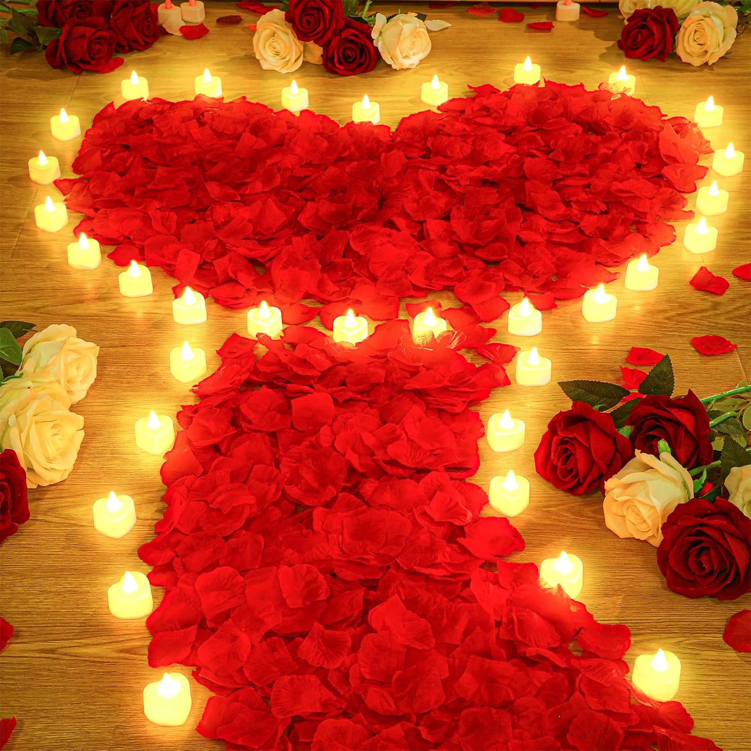VIHOSE 4000 pétalos de rosa artificiales con 24 velas LED de té, velas LED sin llama, pétalos de rosa falsos para propuesta, boda, noche de San
