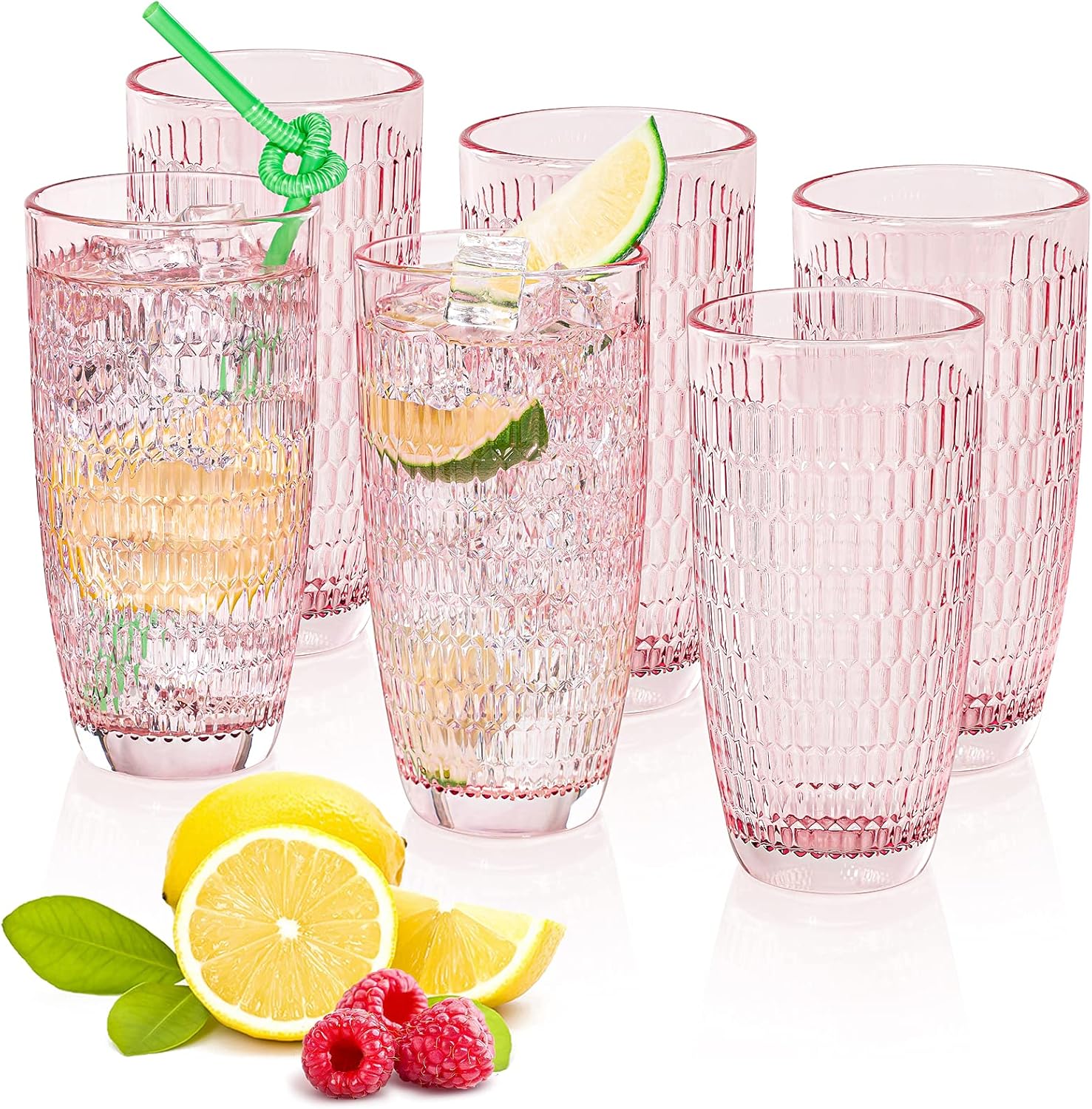 CREATIVELAND Highball – Juego de 6 vasos de bebida románticos de color rosa, base gruesa y pesada, gran capacidad, 14.87 onzas, vasos de vidrio para
