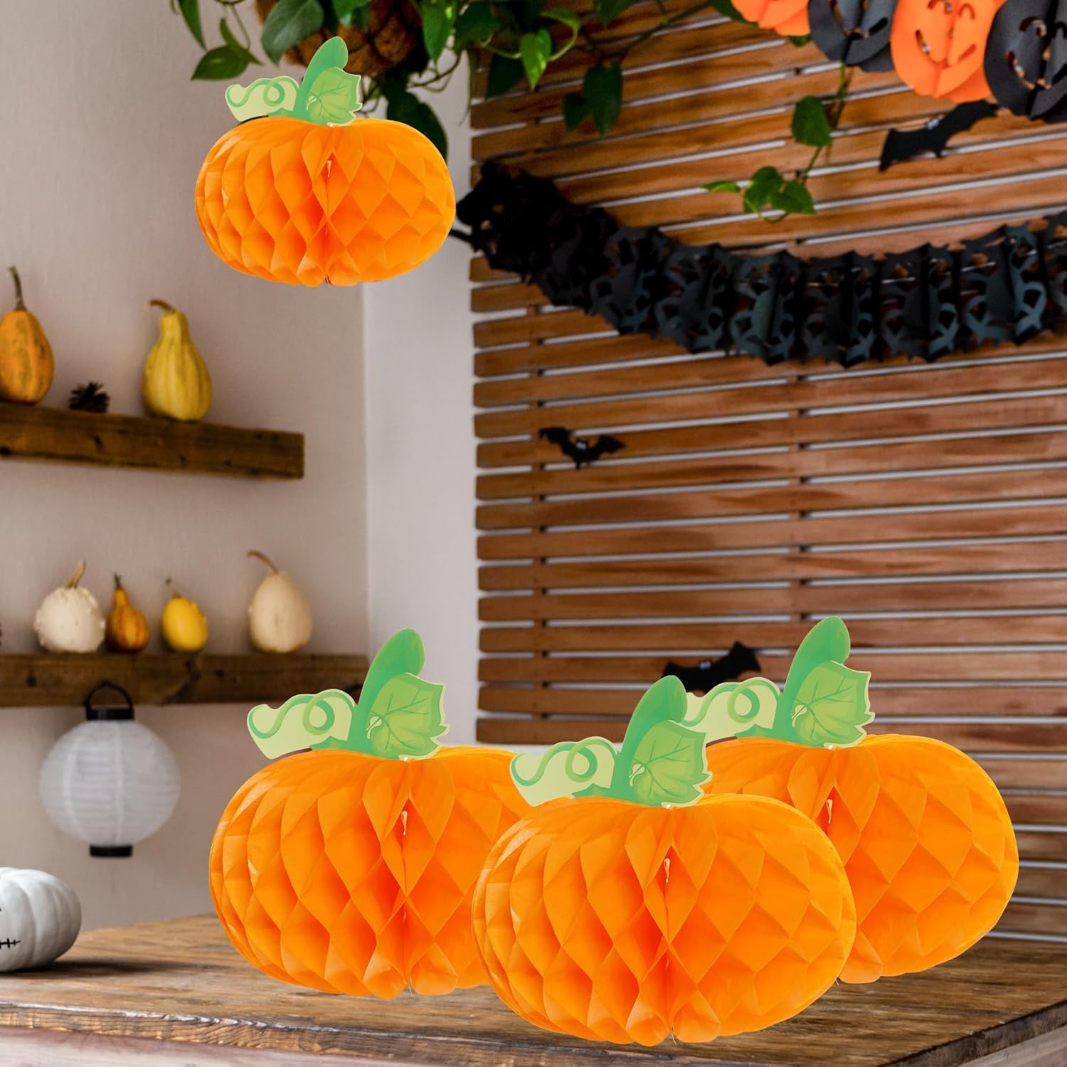 Sucrain 12 calabazas de panal 3D de calabaza de papel de seda para Halloween, fiesta de Acción de Gracias, suministros de festival de otoño (naranja)