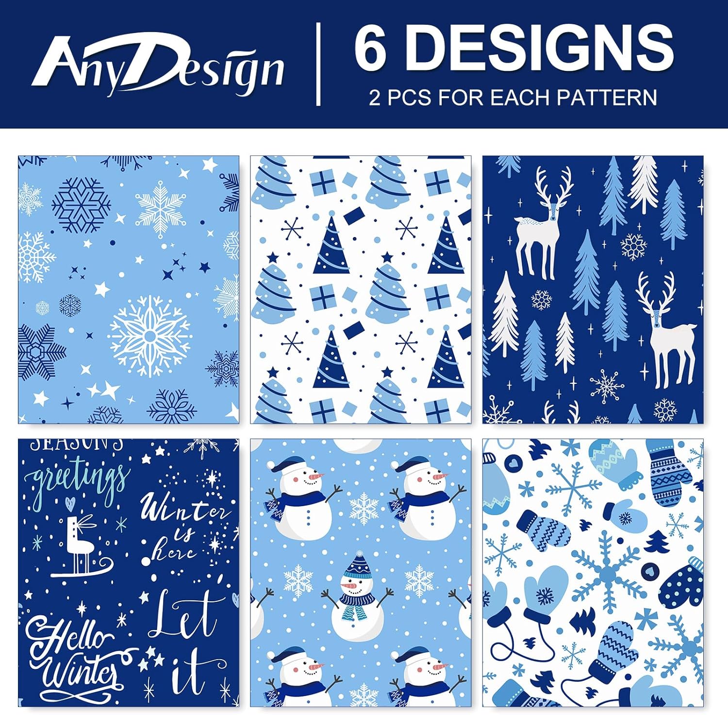 AnyDesign – 12 hojas de papel de regalo de Navidad, papel de regalo de invierno azul y blanco, copos de nieve a granel, papel de arte de árbol de