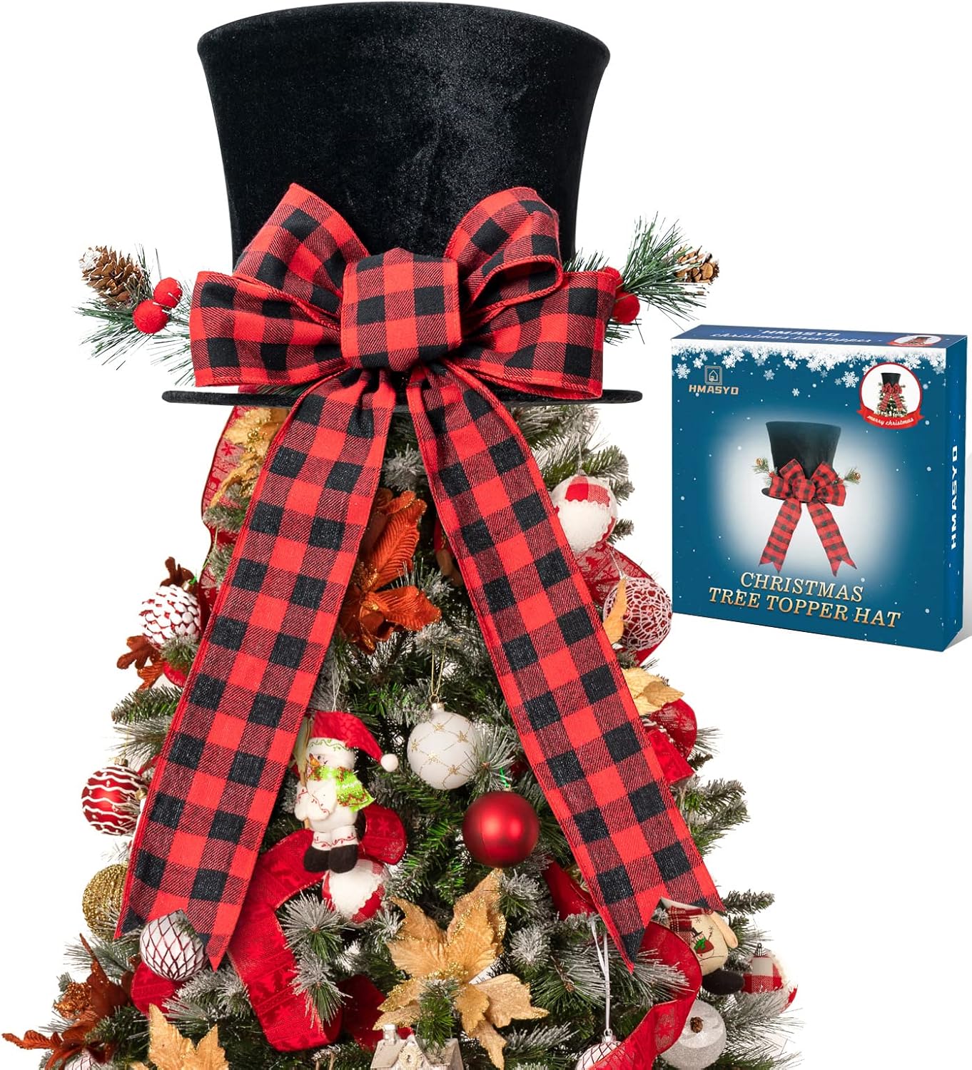 HMASYO – Sombrero de adorno para árbol de Navidad, sombrero de terciopelo negro grande con lazo rojo a cuadros y cinta alargada, decoraciones de