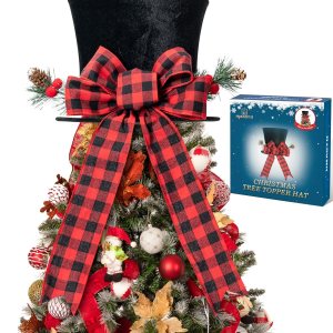 HMASYO – Sombrero de adorno para árbol de Navidad, sombrero de terciopelo negro grande con lazo rojo a cuadros y cinta alargada, decoraciones de HMASYO – Sombrero de adorno para árbol de Navidad, sombrero de terciopelo negro grande con lazo rojo a cuadros y cinta alargada, decoraciones de