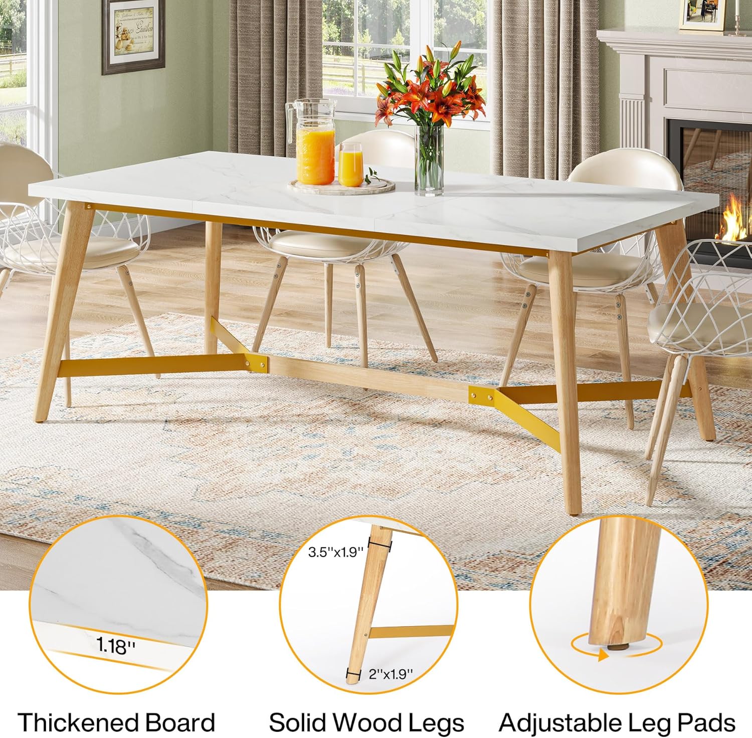 Tribesigns Mesa de comedor para 6-8 personas, mesa de cocina rectangular de 70.9 pulgadas con patas de madera maciza, mesa de comedor de madera de