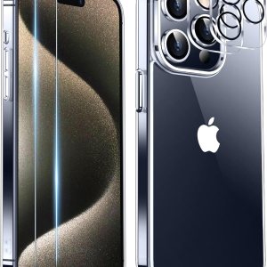 Red2Fire Funda transparente para iPhone 15 Pro Max, transparente y no amarillea, 2 protectores de cámara de vidrio templado y protector de pantalla, Red2Fire Funda transparente para iPhone 15 Pro Max, transparente y no amarillea, 2 protectores de cámara de vidrio templado y protector de pantalla,