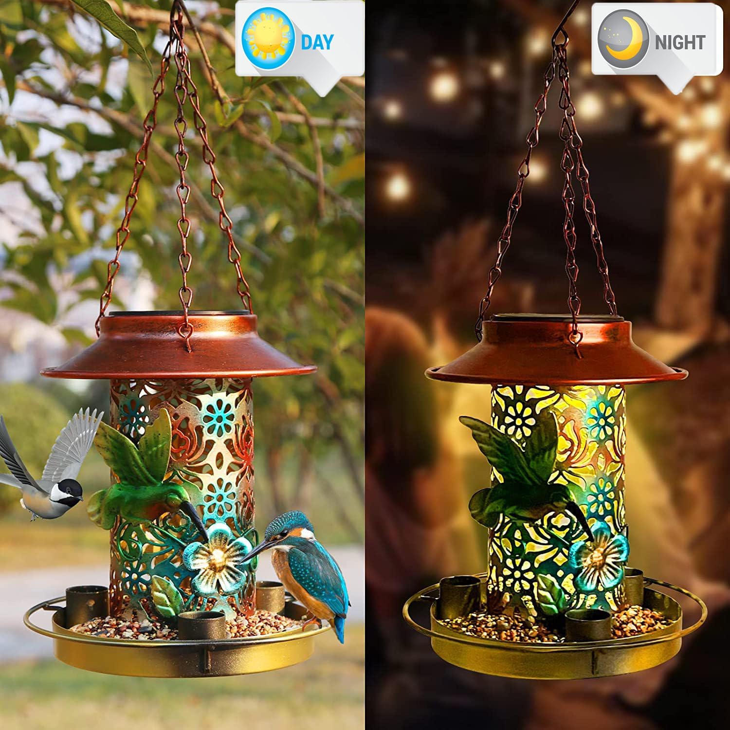 Comedero solar para pájaros para colgar al aire libre, comedero de colibríes, metal solar impermeable para exteriores, comederos cardenales, luz