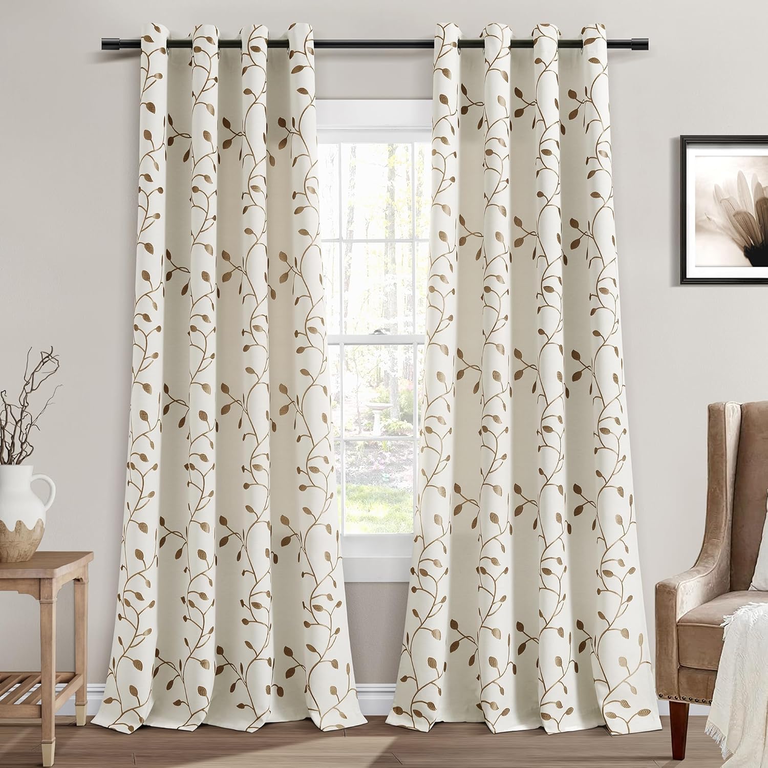 Cortinas bordadas de color blanco crema con patrón marrón de 96 pulgadas de largo para sala de estar, 2 paneles con ojales, filtrado de luz,