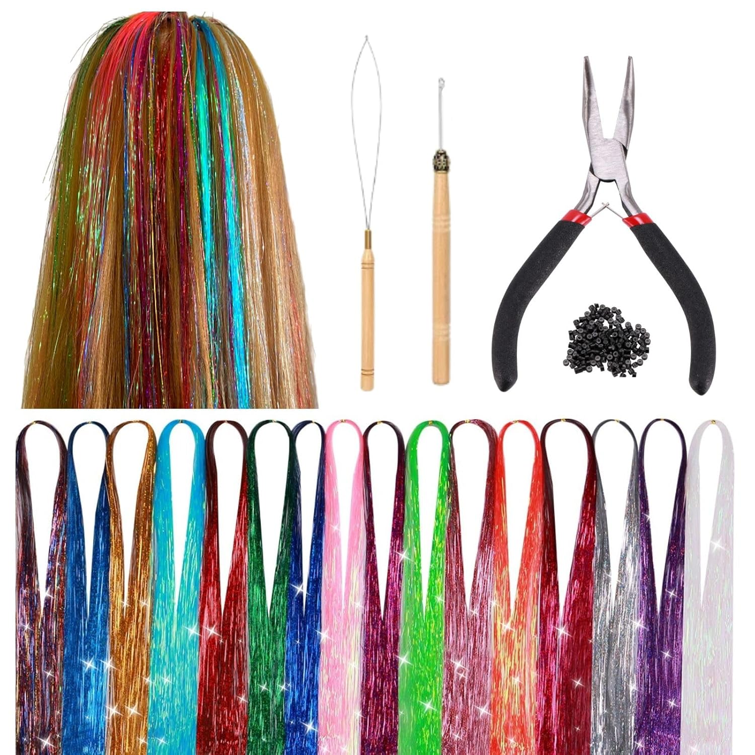 Mei Aid Kit de oropel para el cabello con herramienta, resistente al calor, 16 colores, 3200 hebras, 200 cuentas, 47 pulgadas, kit de oropel de pelo