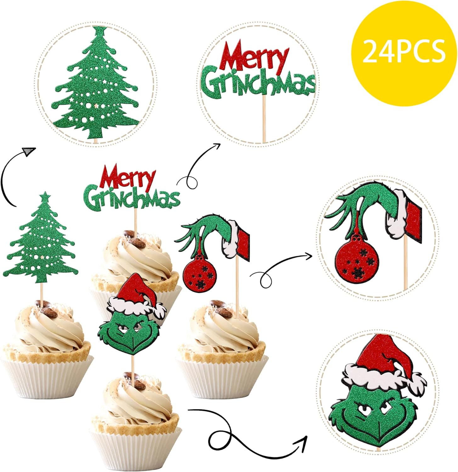 24 piezas de decoración para cupcakes con temática de Grinchmas Grinch rojo y verde con purpurina para árbol de Navidad para árbol de Navidad con