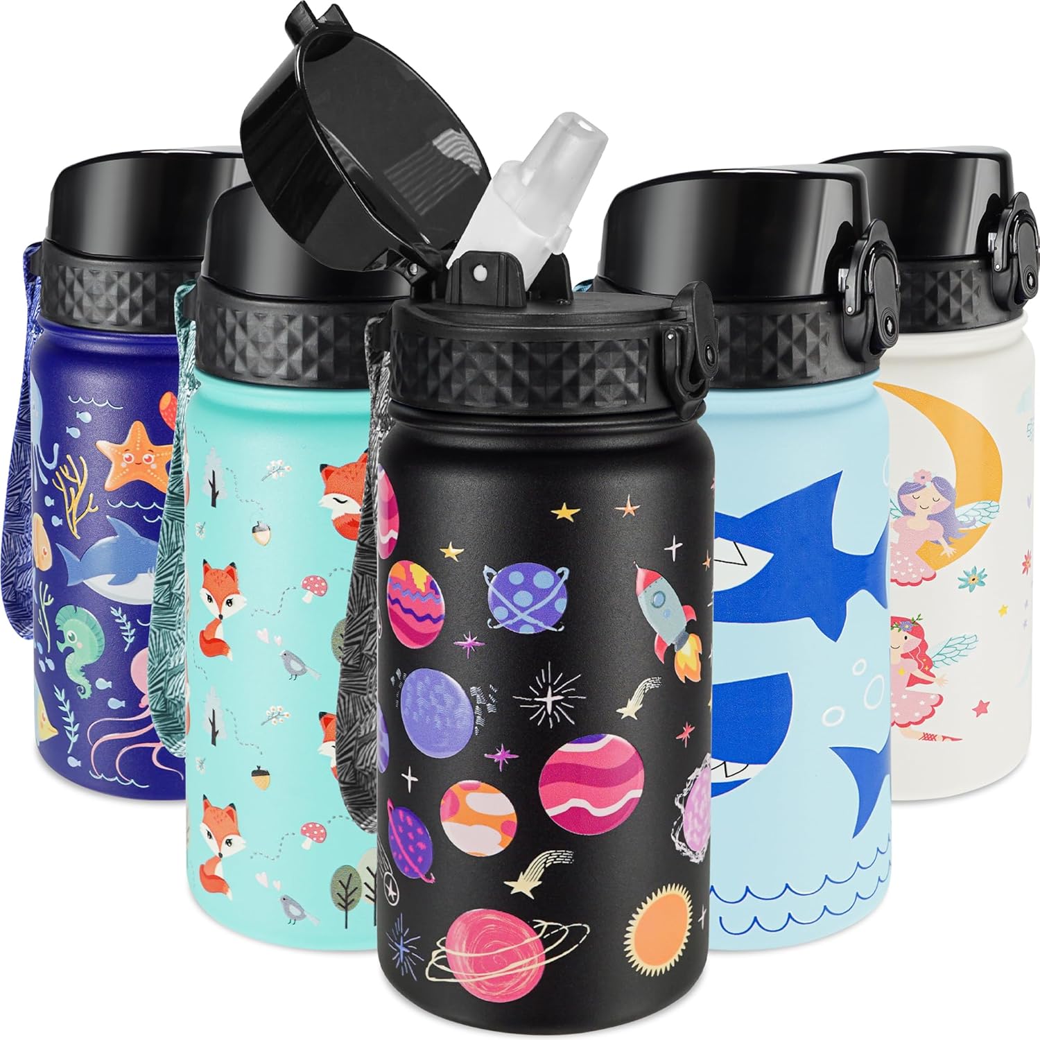 GOPPUS Botella de agua aislada para niños, botella de viaje de acero inoxidable 188 de 14 onzas sin BPA con popote de doble pared al vacío a prueba