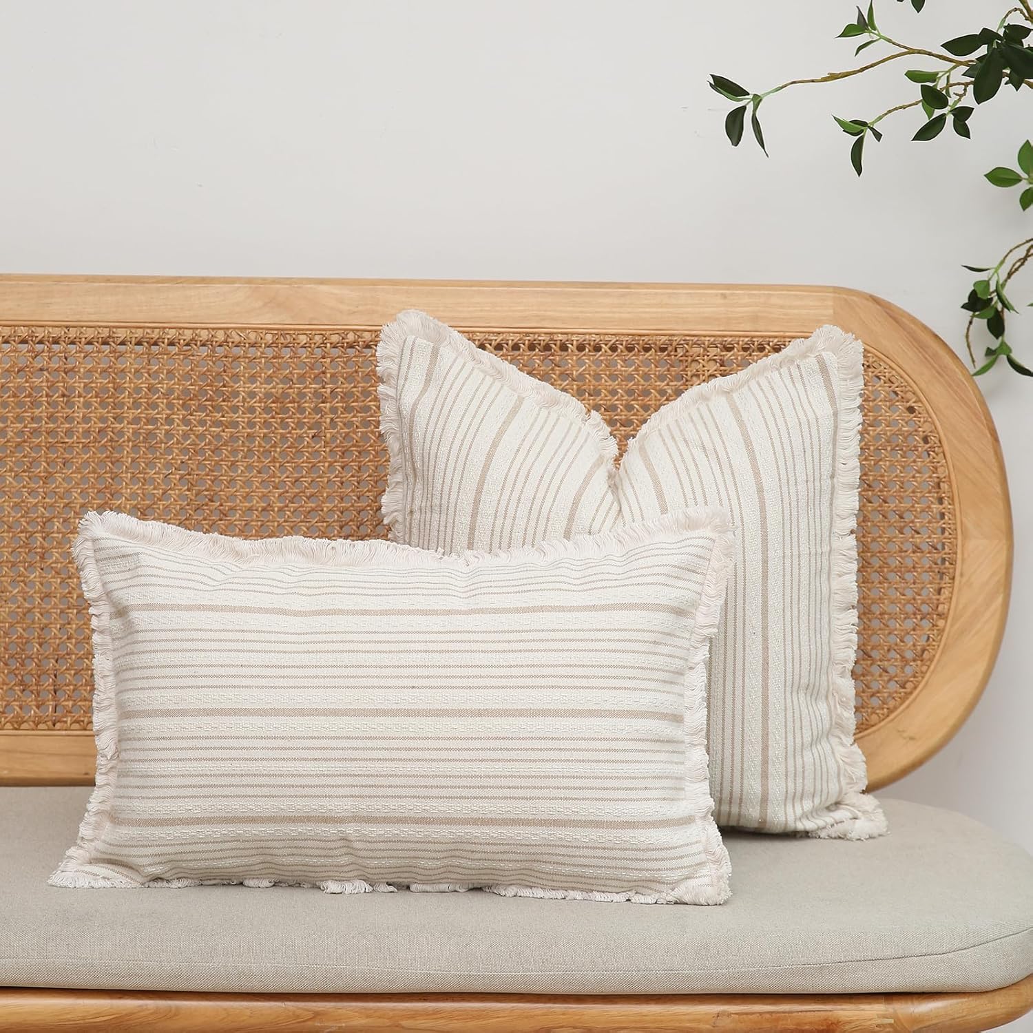 Kiuree Juego de 2 fundas de almohada de granja de 12 x 20 pulgadas, fundas de almohada lumbares a rayas con flecos, fundas de cojín decorativas