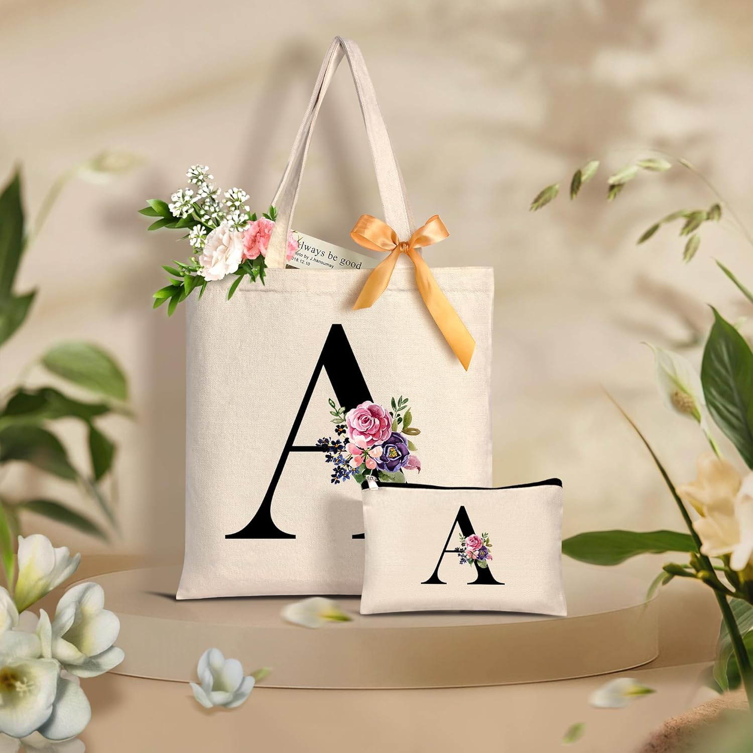 AUNOOL Bolsa de mano con monograma para dama de honor, boda, bolsa de maquillaje de lona inicial con cremallera, regalos de cumpleaños