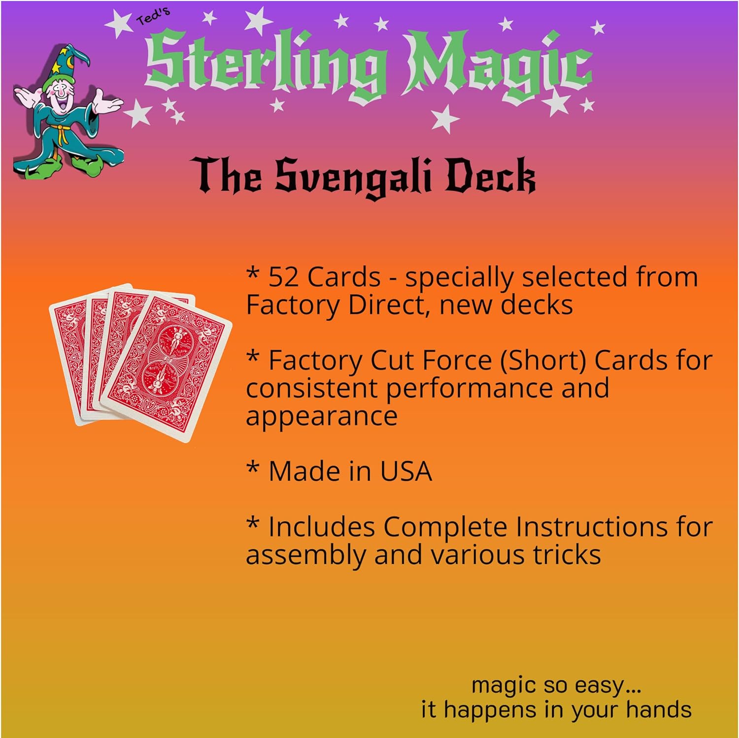 Ted’s Sterling Magic Bicicleta Svengali Deck Trick en la parte trasera roja, traje de diamantes, elige tu tarjeta de fuerza (Queen)