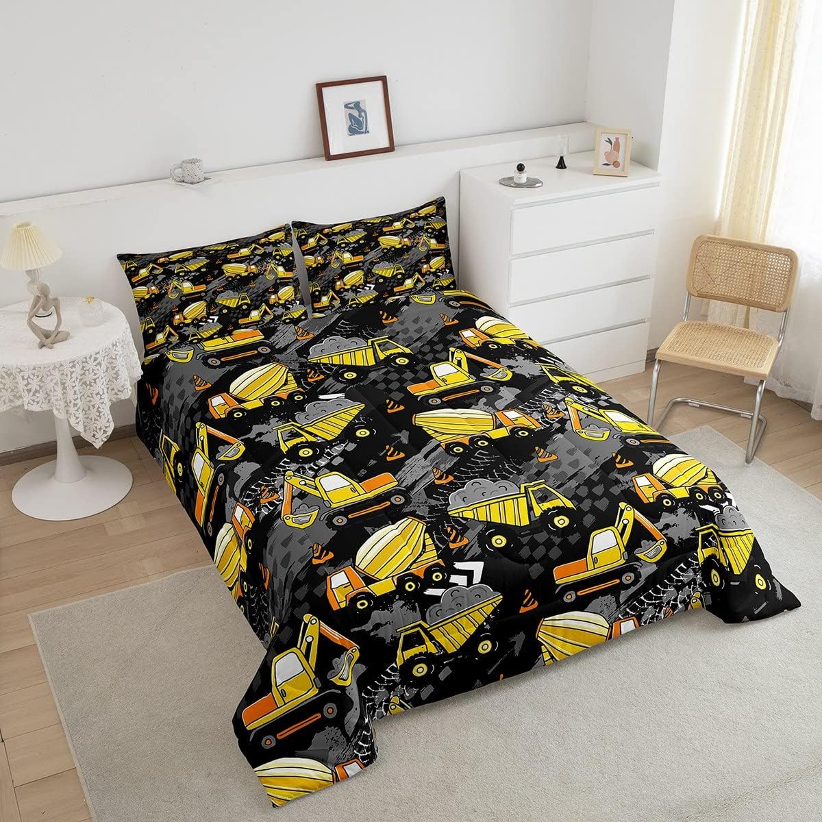 Manfei Juego de edredón de camión para niños, tamaño individual, juego de ropa de cama de tractor de excavadora amarilla, 2 piezas para niños,