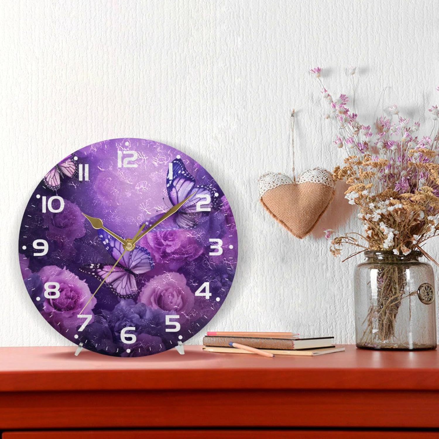 Reloj de pared de mariposa morado, silencioso sin tictac, funciona con pilas, reloj redondo decorativo creativo para cocina, sala de estar, baño,