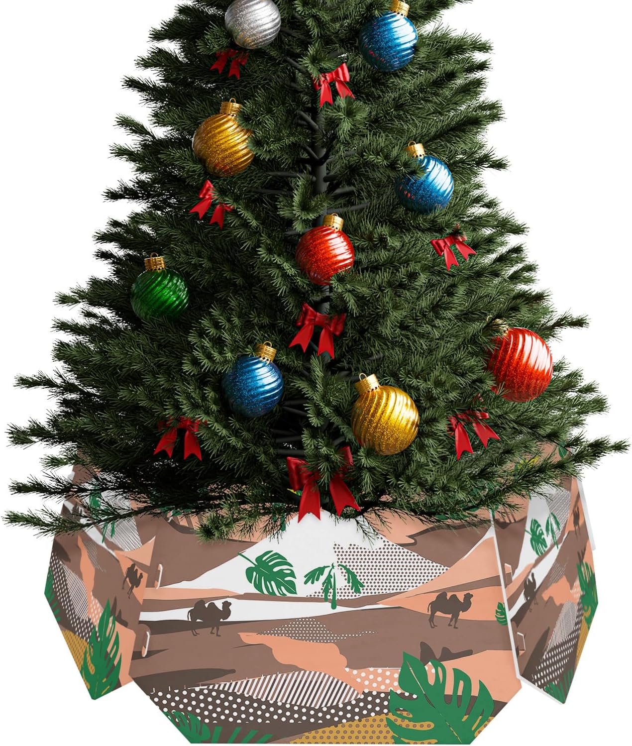 Christmas Tree Collar 6-PCS14.5″x 10″, Christmas Tree Ring Desert Green Leaves Camel and Polka dots Christmas Tree Stands Skirts Base Covers for