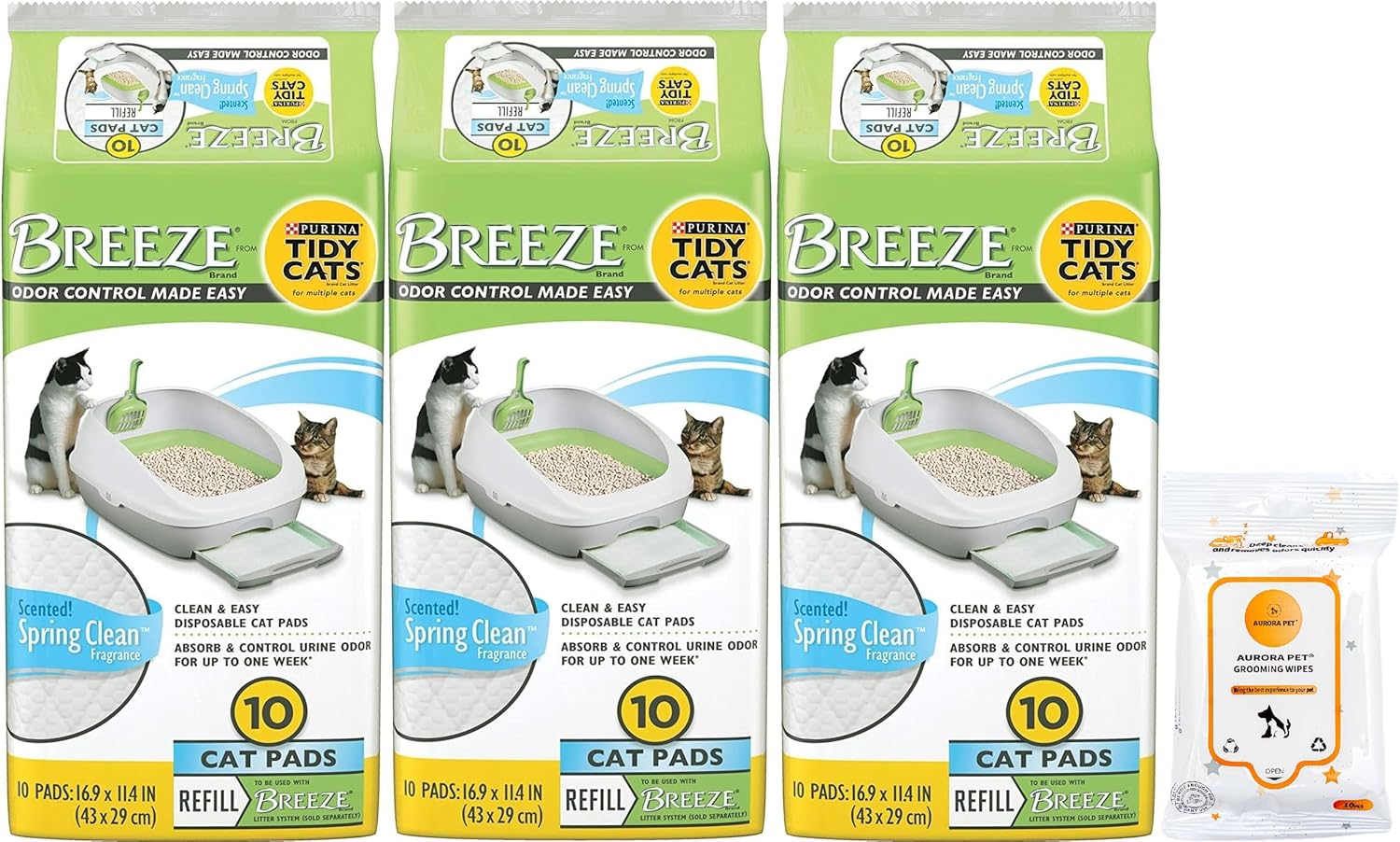 Tidy Cats Breeze Spring Clean – Paquete de recambio de almohadillas para gatos (3) 10 unidades con toallitas Aurora Pet