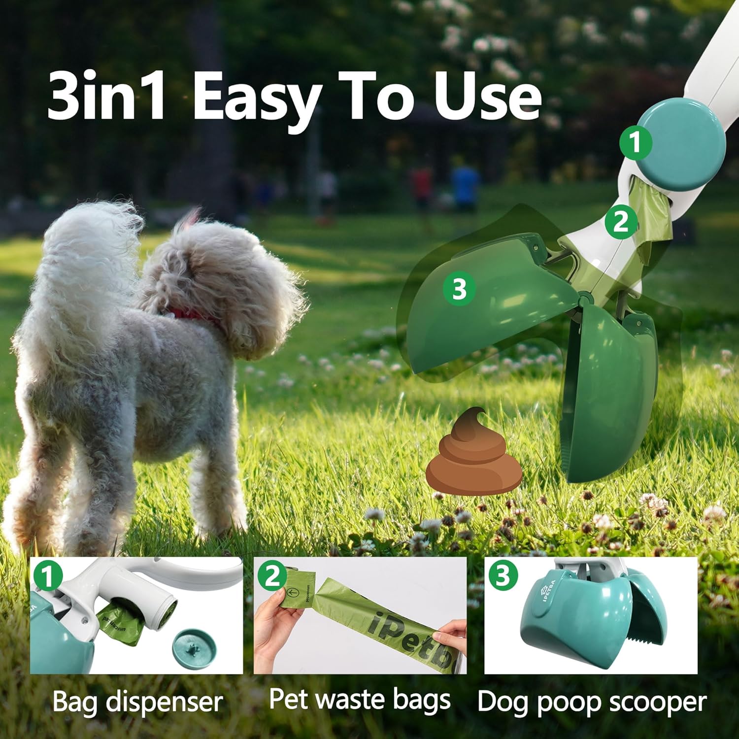 Cuchara para excrementos de perros con bolsa adjunta  3 en 1 Recogedor portátil de excremento de perro con un botón, ligero, recogedor de desechos