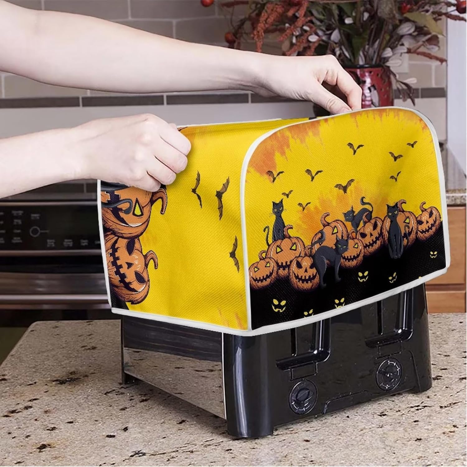 Fundas para tostadoras de calabaza y gato de Halloween, a prueba de polvo, lavables, se adaptan a la mayoría de tostadoras de 2 rebanadas, fundas de