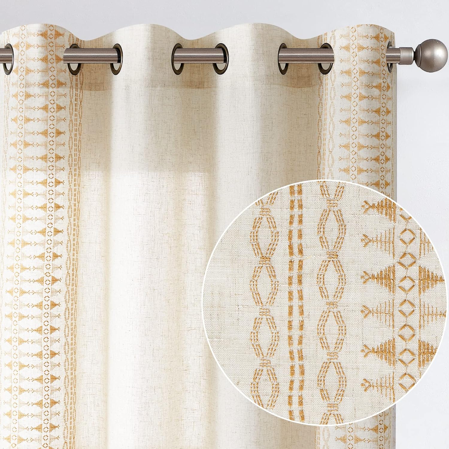 Lazzzy Cortinas de lino bohemias amarillas de 63 pulgadas de largo para dormitorio, sala de estar, cortinas bohemias bordadas filtrantes de luz,