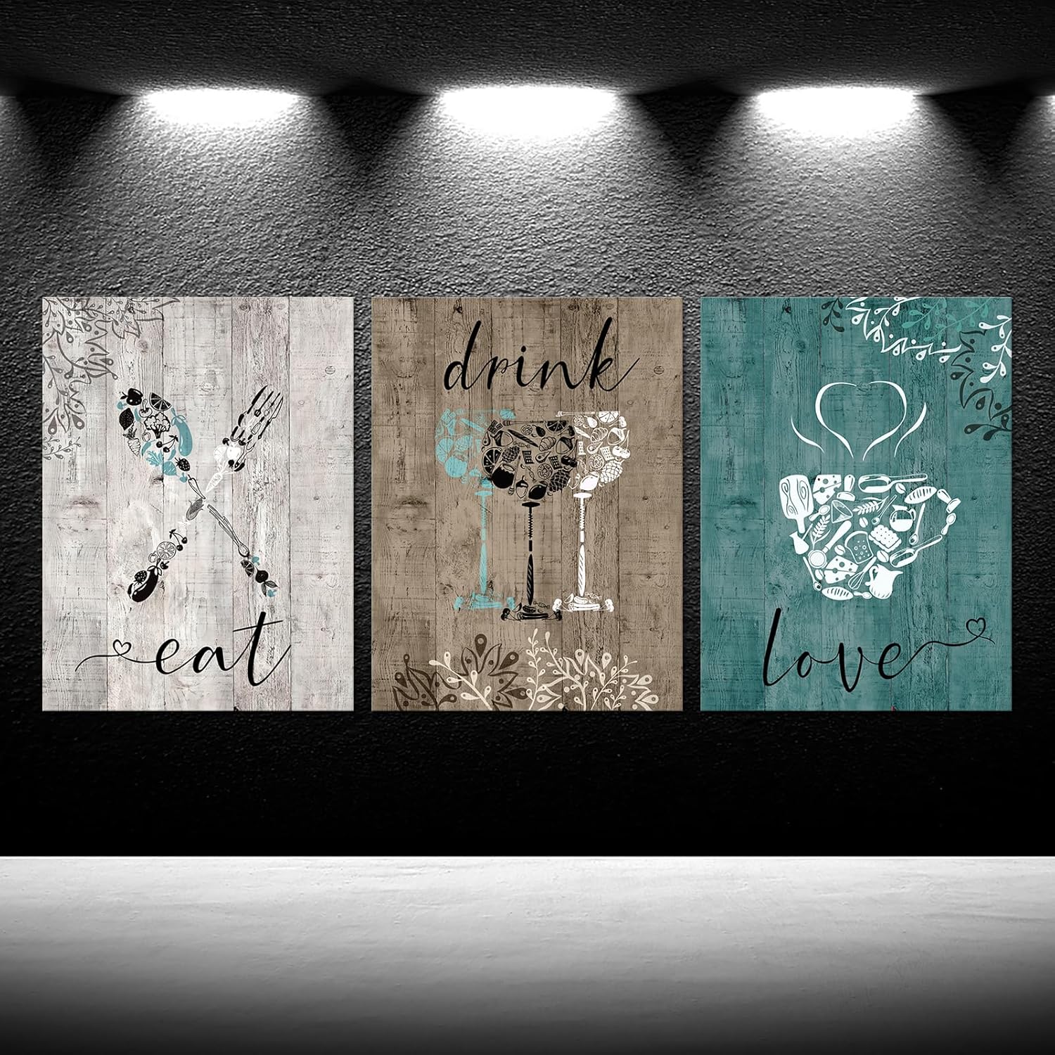iKNOW FOTO Decoración vintage de cocina de 3 piezas, juego de arte de pared en lienzo con texto en inglés “Love Eat Drink”, accesorios de pared para