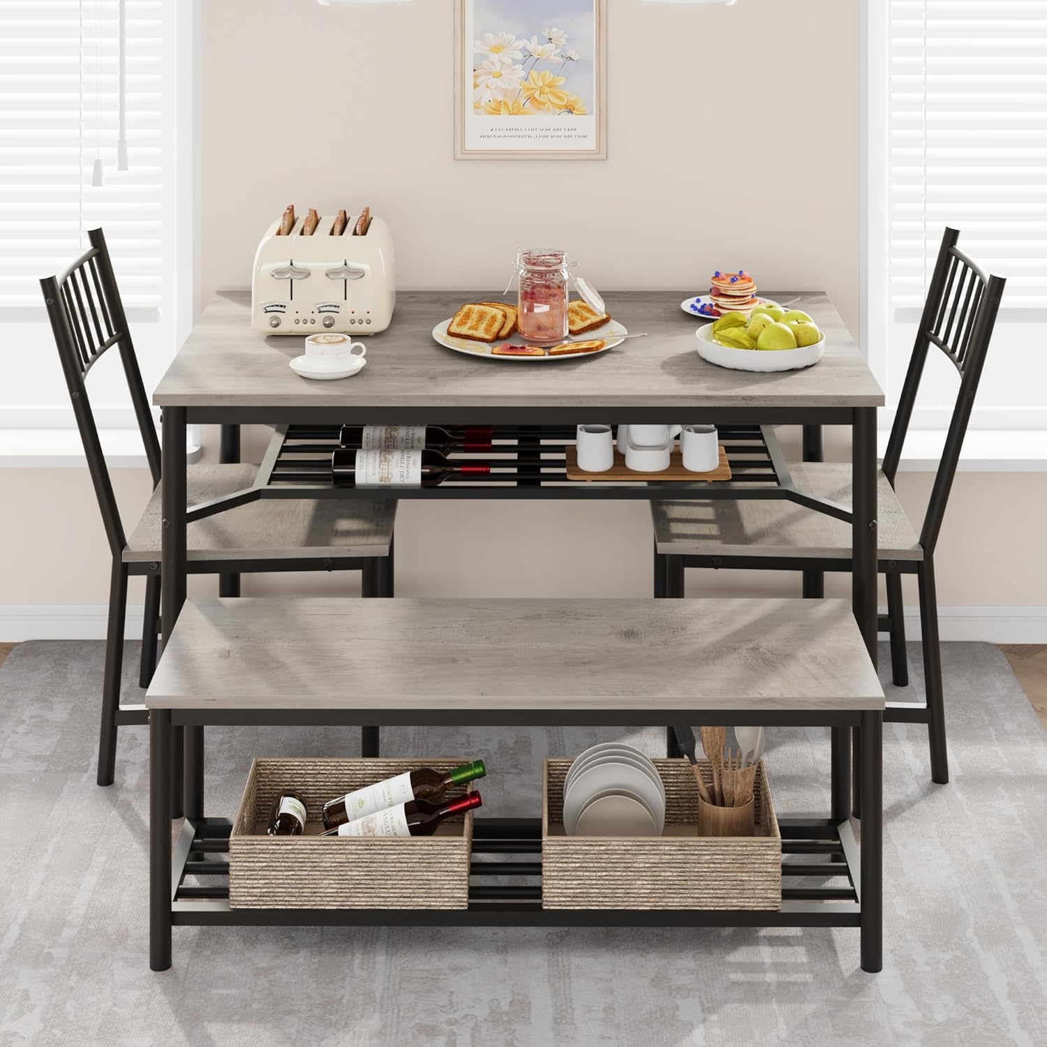 IDEALHOUSE Juego de mesa de comedor para 4, mesa de cocina y 2 sillas con banco de almacenamiento, juego de mesa de cocina rectangular de 47.2