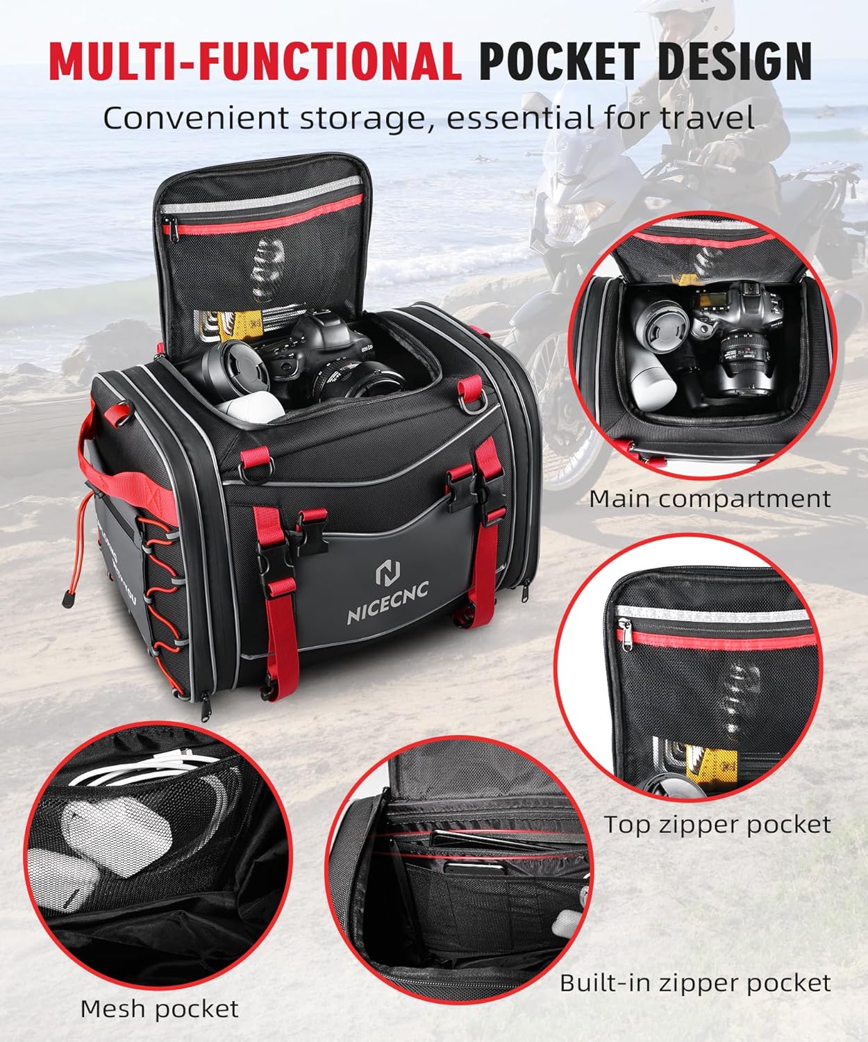 NICECNC Bolsa de equipaje para motocicleta, bolsa de asiento trasero de motocicleta expandible de 53 litros, bolsa universal de almacenamiento para