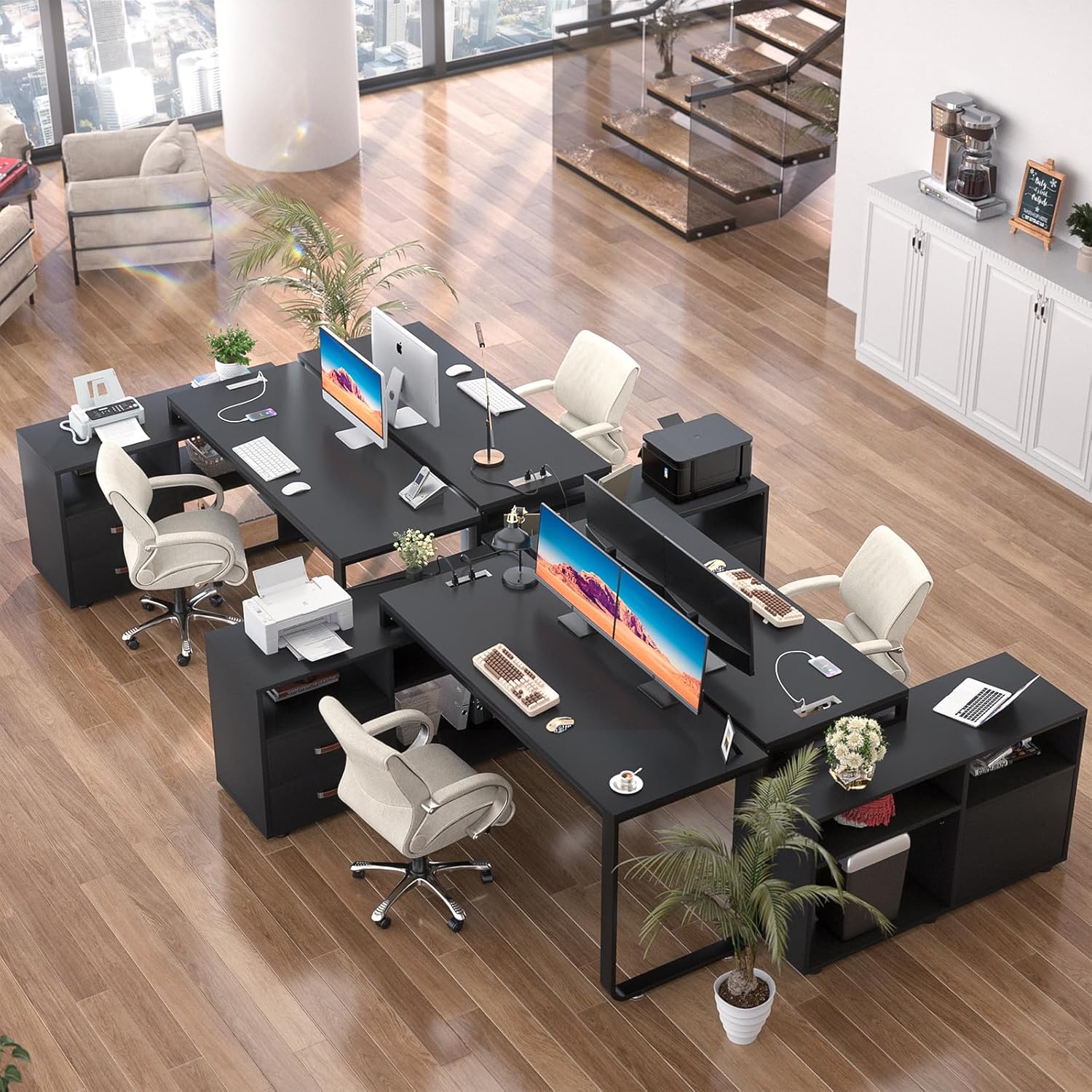 Homieasy Escritorio en forma de L con archivador y toma de corriente, escritorios reversibles de esquina grandes de 55 pulgadas con tira LED,