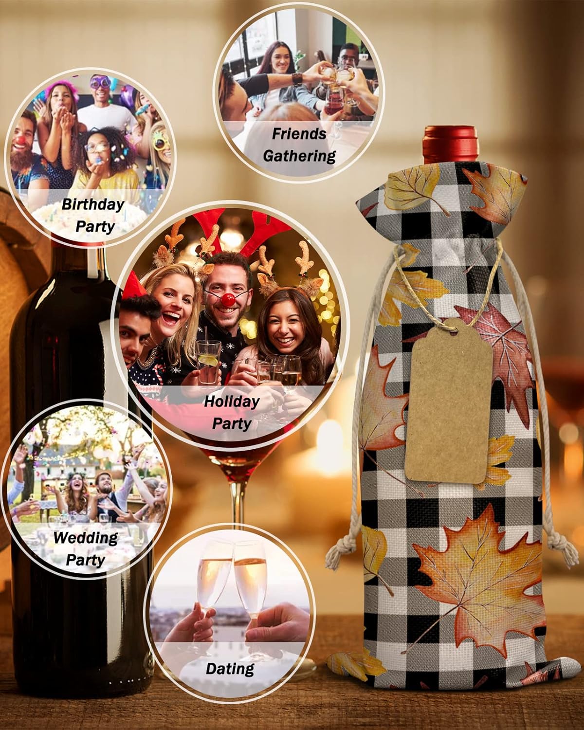 10 bolsas de regalo de vino, Día de Acción de Gracias, acuarela, hojas de arce, estampado de hojas de arce en blanco y negro, bolsas para botellas