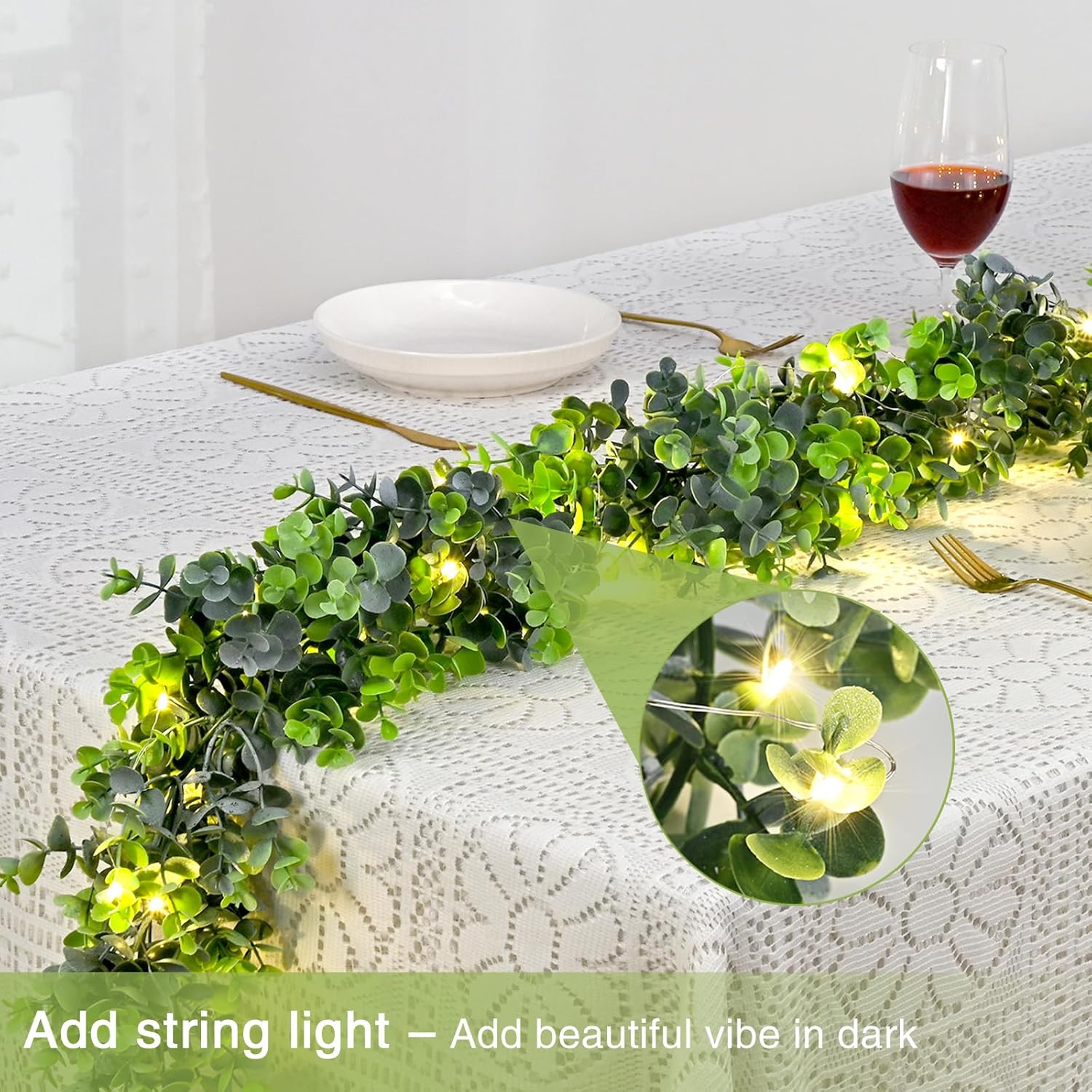 BLEUM CADE Paquete de 5 guirnaldas de eucalipto con luces, 5.9 piesunidad, guirnalda de vid de eucalipto falsa colgante para decoración de boda,