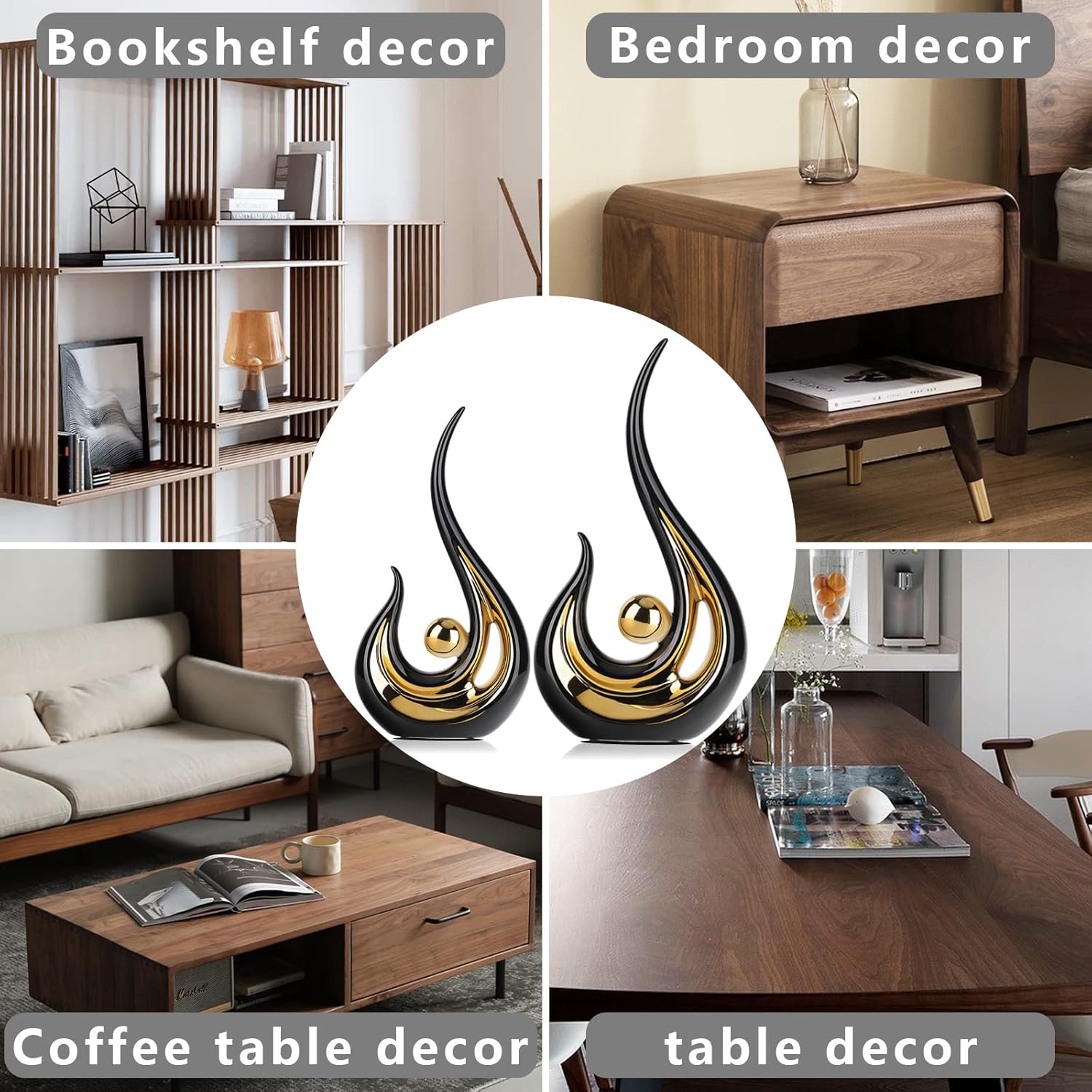 Acento de decoración del hogar negro y dorado de 11.2 pulgadas de alto, centro de mesa de centro moderno de mediados de siglo, figuras modernas de
