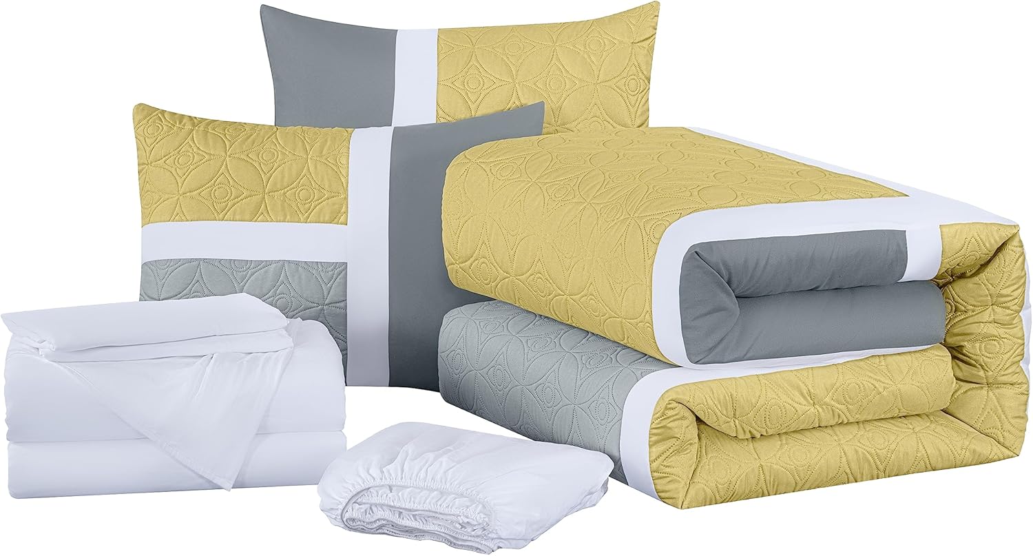 Chezmoi Collection Bernard – Juego de edredón tamaño Queen de 7 piezas con sábanas, edredón ligero, color amarillo, gris carbón, medallón acolchado,