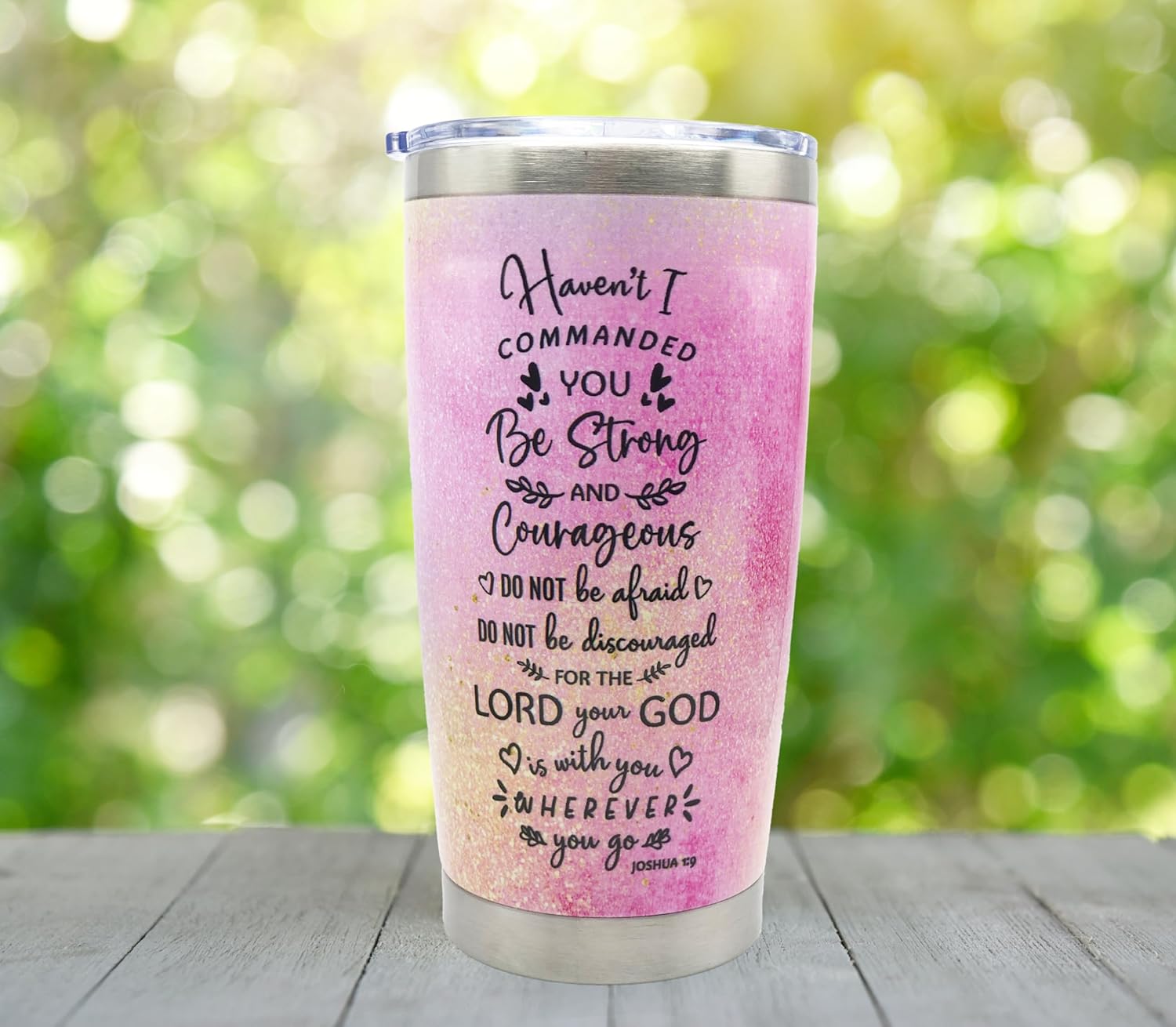 Vaso cristiano de regalo para mujer, 20 onzas, acero inoxidable, Joshua 19, Strong Courageous