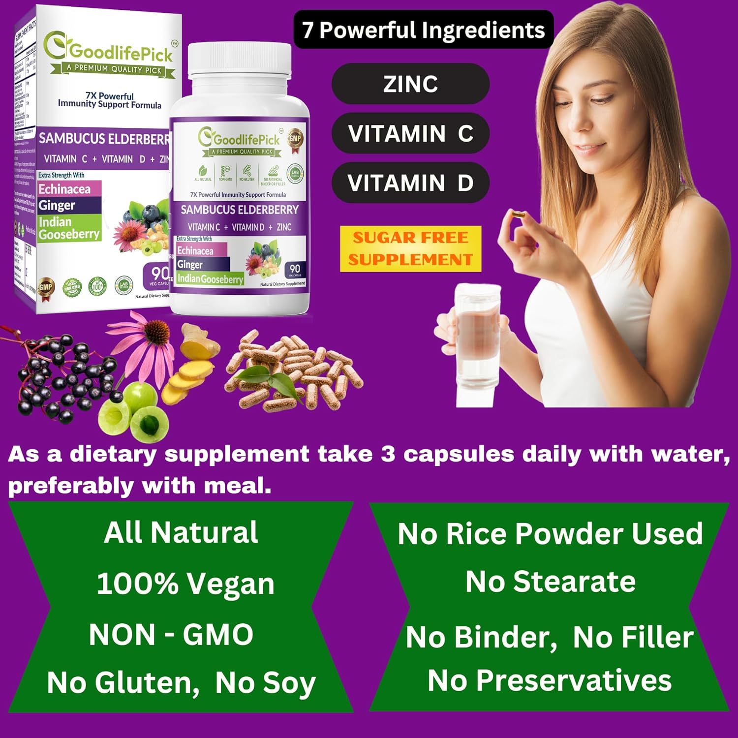 Baya de saúco 7 en 1 con zinc, vitamina C, vitamina D, equinácea, jengibre y grosella espinosa india (Amla). Cápsulas de saúco prémium de 90