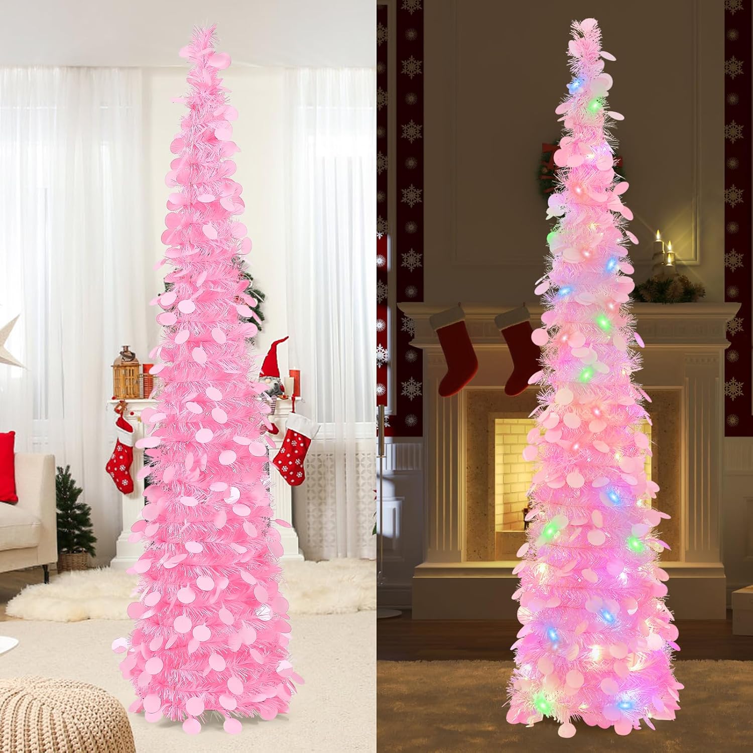 GlyinnHe Árbol de Navidad de oropel desplegable de 5 pies con 50 luces multicolores, lápiz de Navidad preiluminado con lentejuelas rosas, funciona