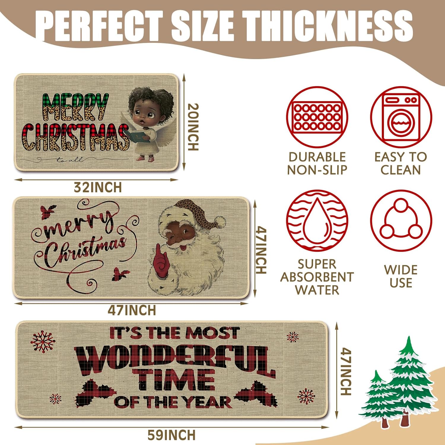 Layhit Juego de 3 alfombras de cocina de Navidad, Papá Noel, afroamericano, Papá Noel, tapete de cocina de Papá Noel afroamericano, Feliz Navidad,