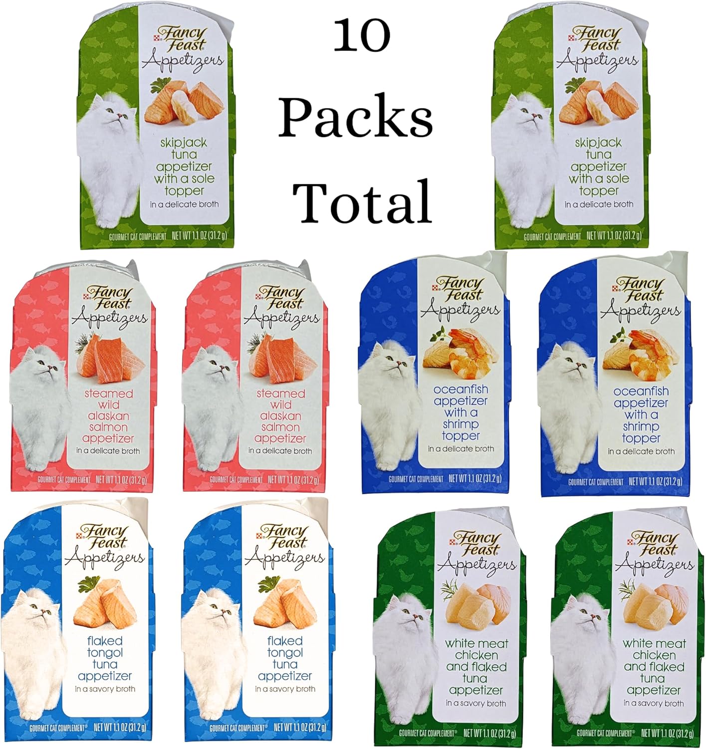 Fancy Feast – Comida húmeda para gatos, 5 sabores, 10 bandejas (2) cada atún tongal, atún listado, salmón, pez de mar, pollo y atún en hojuelas.
