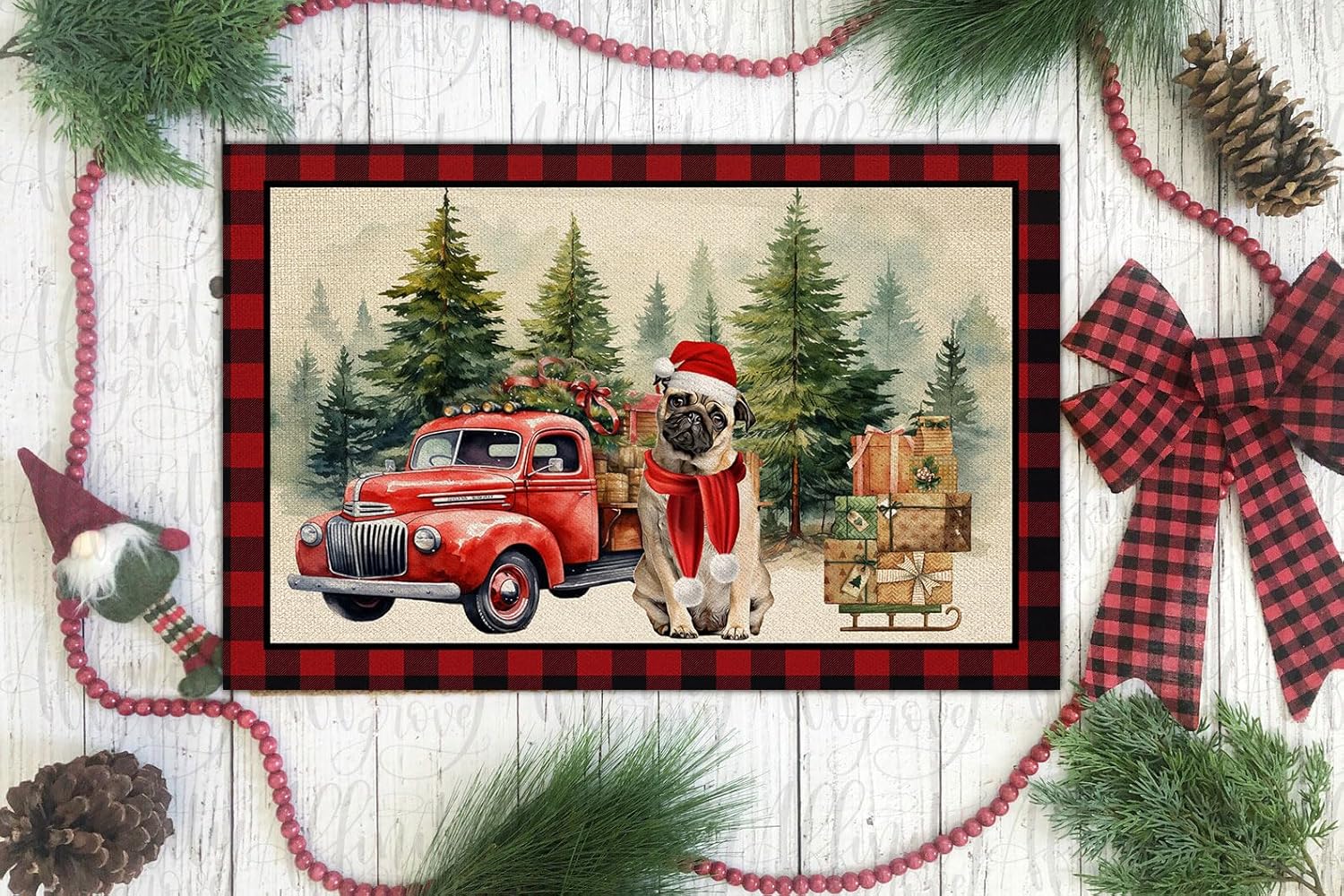 Tapete de bienvenida de perro de Navidad con diseño de pug, tapete de Navidad para invierno, para interiores y exteriores, regalo de inauguración de