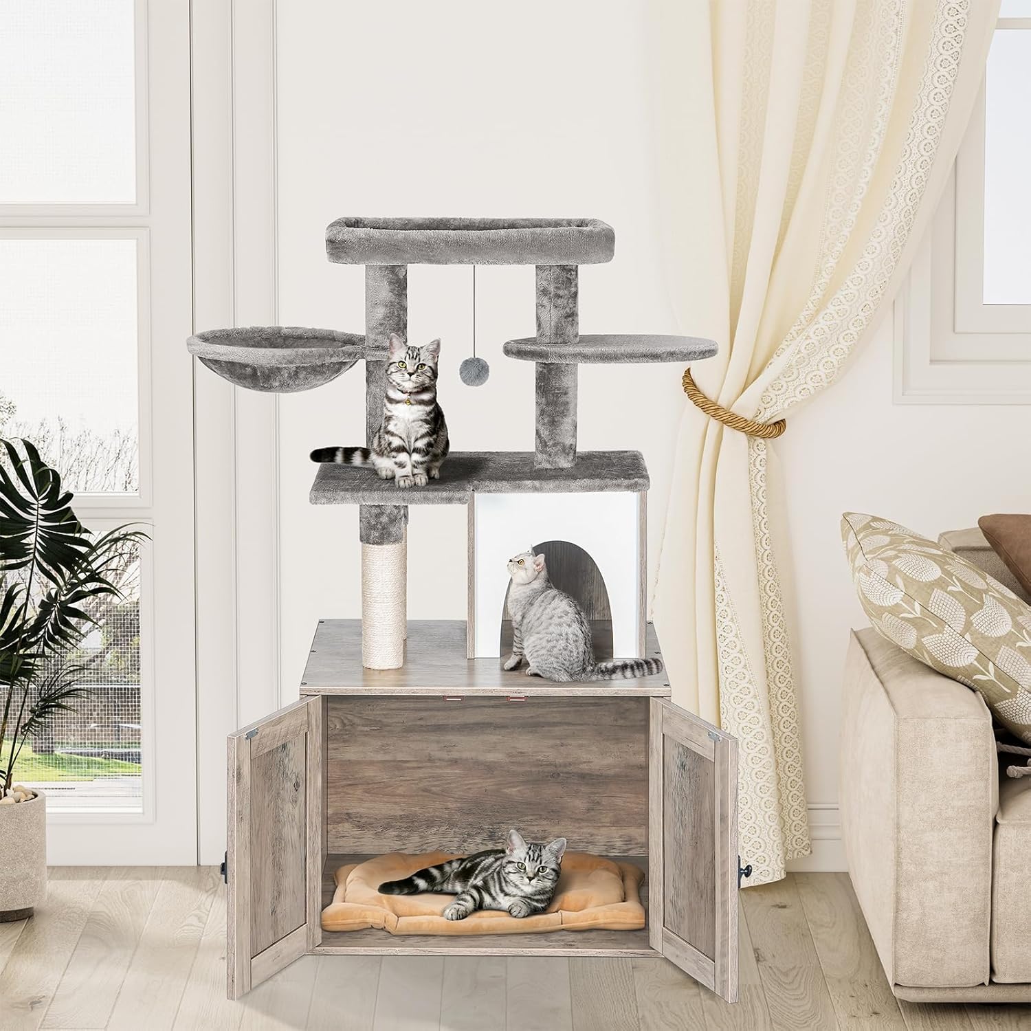 Snughome Caja de arena para gatos con torre de árbol para gatos y condominio, muebles ocultos para baño para gatos con poste rascador de sisal y