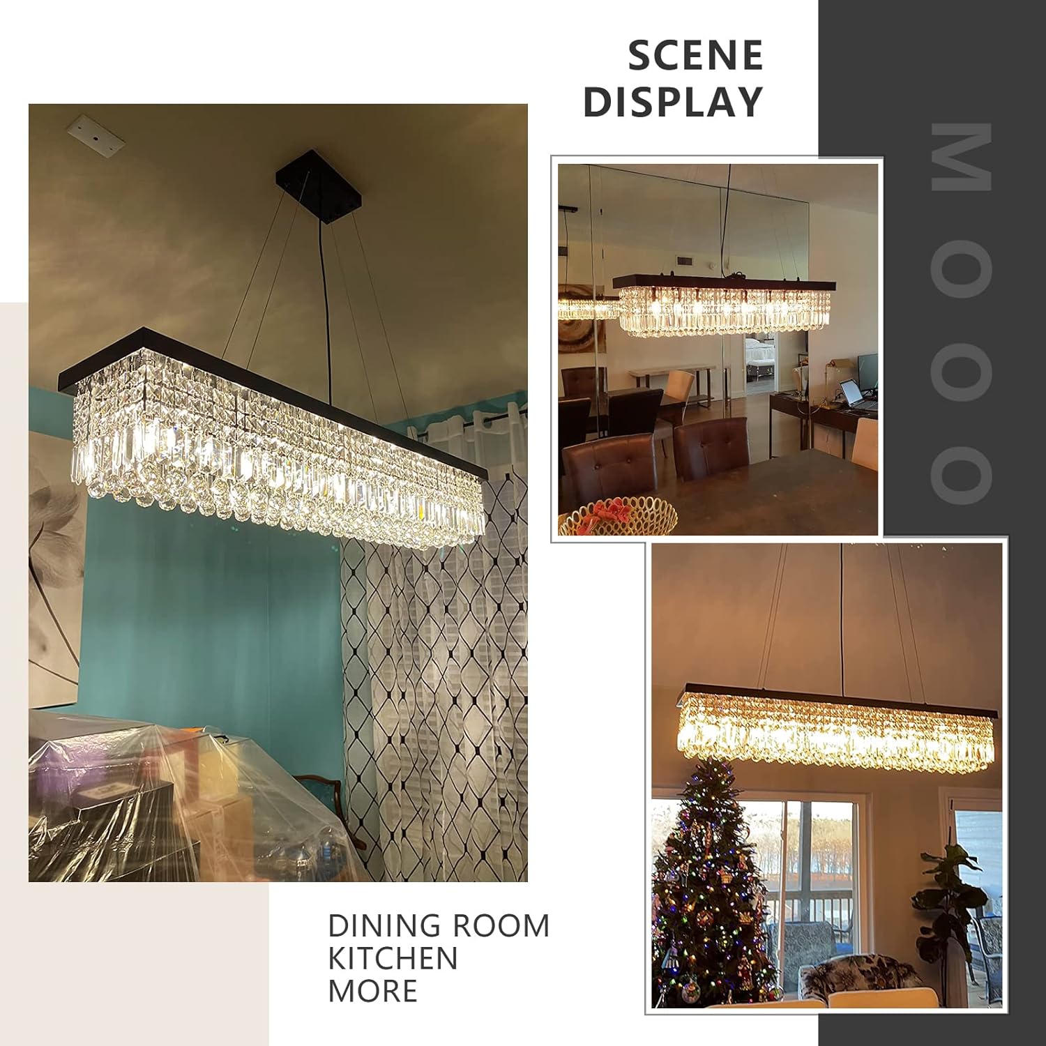 Moooni Lámpara rectangular para comedor, moderna lámpara rectangular de cristal negro para comedor, 10 luces, lámpara de araña de cristal ajustable