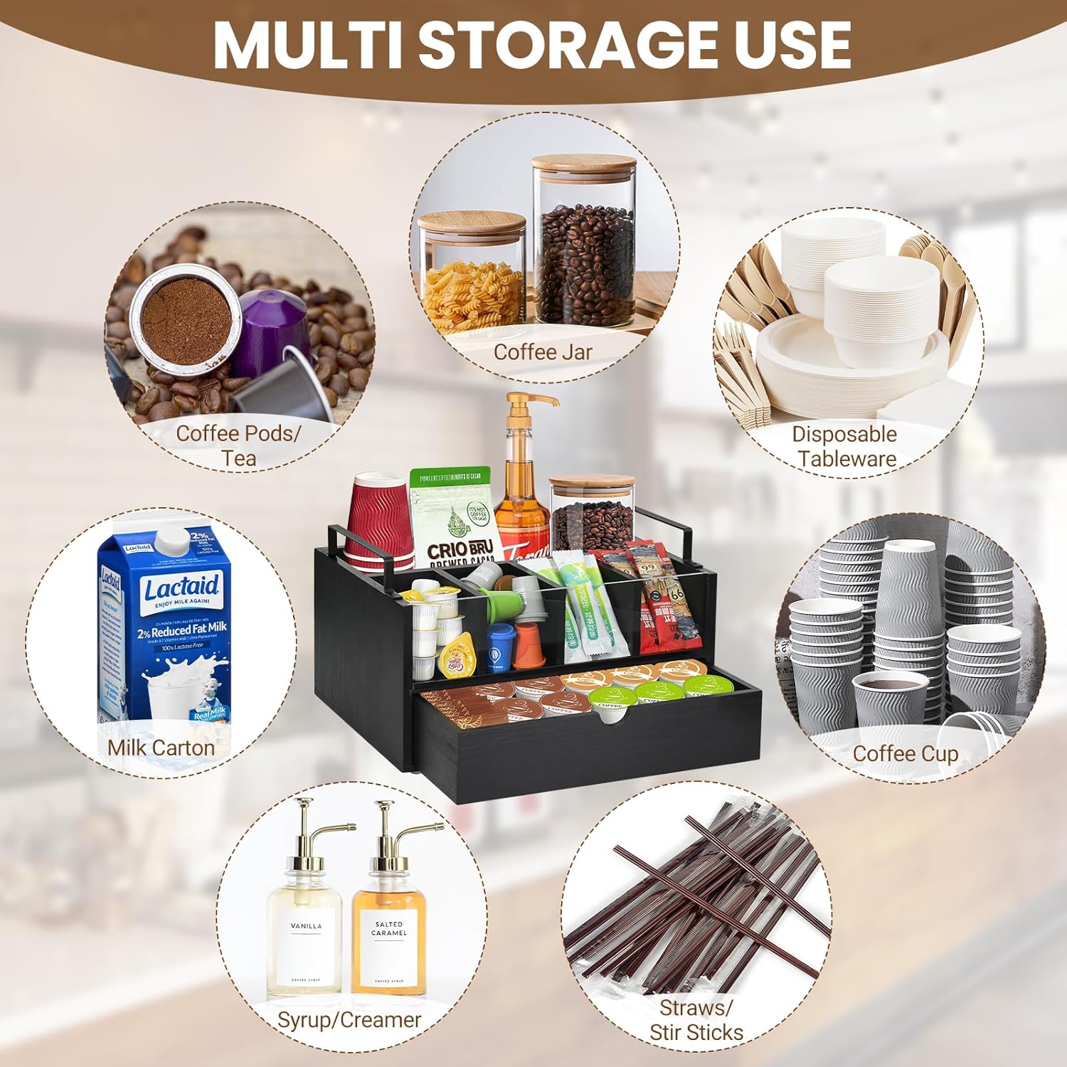 Organizador de barra de café para encimera, organizador de estación de café de madera con cajón, organizador de tazas K, soporte para cápsulas de