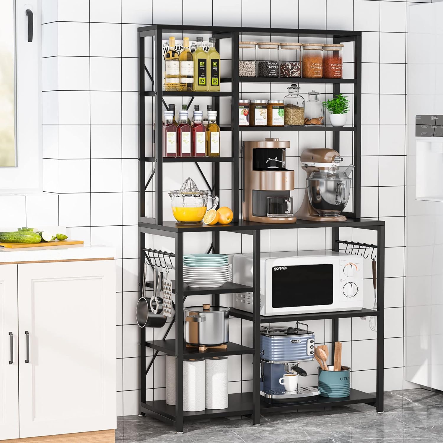 Tribesigns Estante de cocina para panadero, mesa de almacenamiento de cocina de 5 niveles + 6 niveles con 10 ganchos en forma de S y marco de metal,