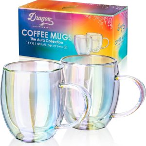 Dragon Glassware Tazas de café de vidrio, tazas aisladas de doble pared iridiscentes, mantiene las bebidas calientes o frías durante más tiempo, Dragon Glassware Tazas de café de vidrio, tazas aisladas de doble pared iridiscentes, mantiene las bebidas calientes o frías durante más tiempo,