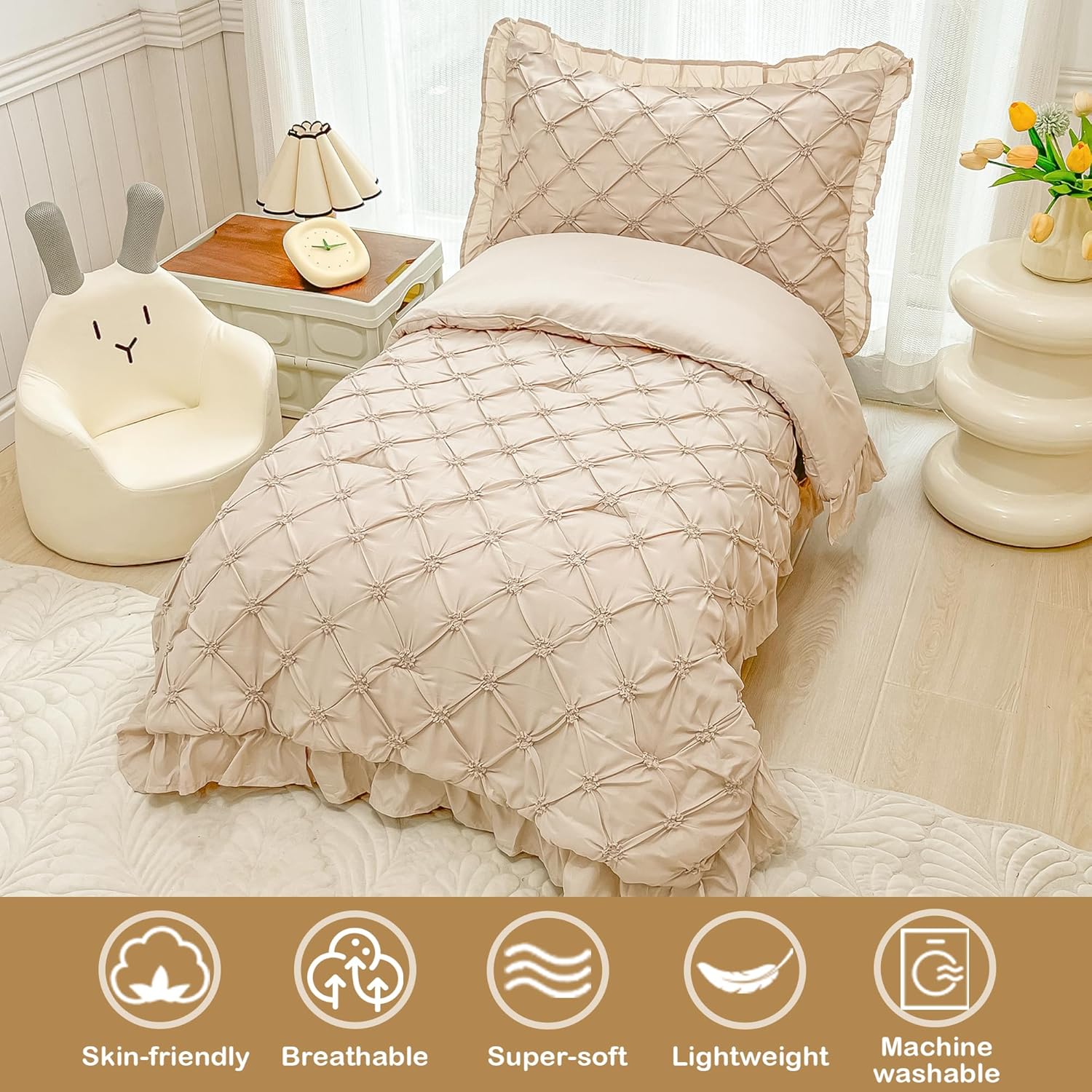 Juego de ropa de cama para niñas pequeñas de 4 piezas, color beige, plisado, con volantes, flecos, juego de sábanas para cuna, juego de sábanas para