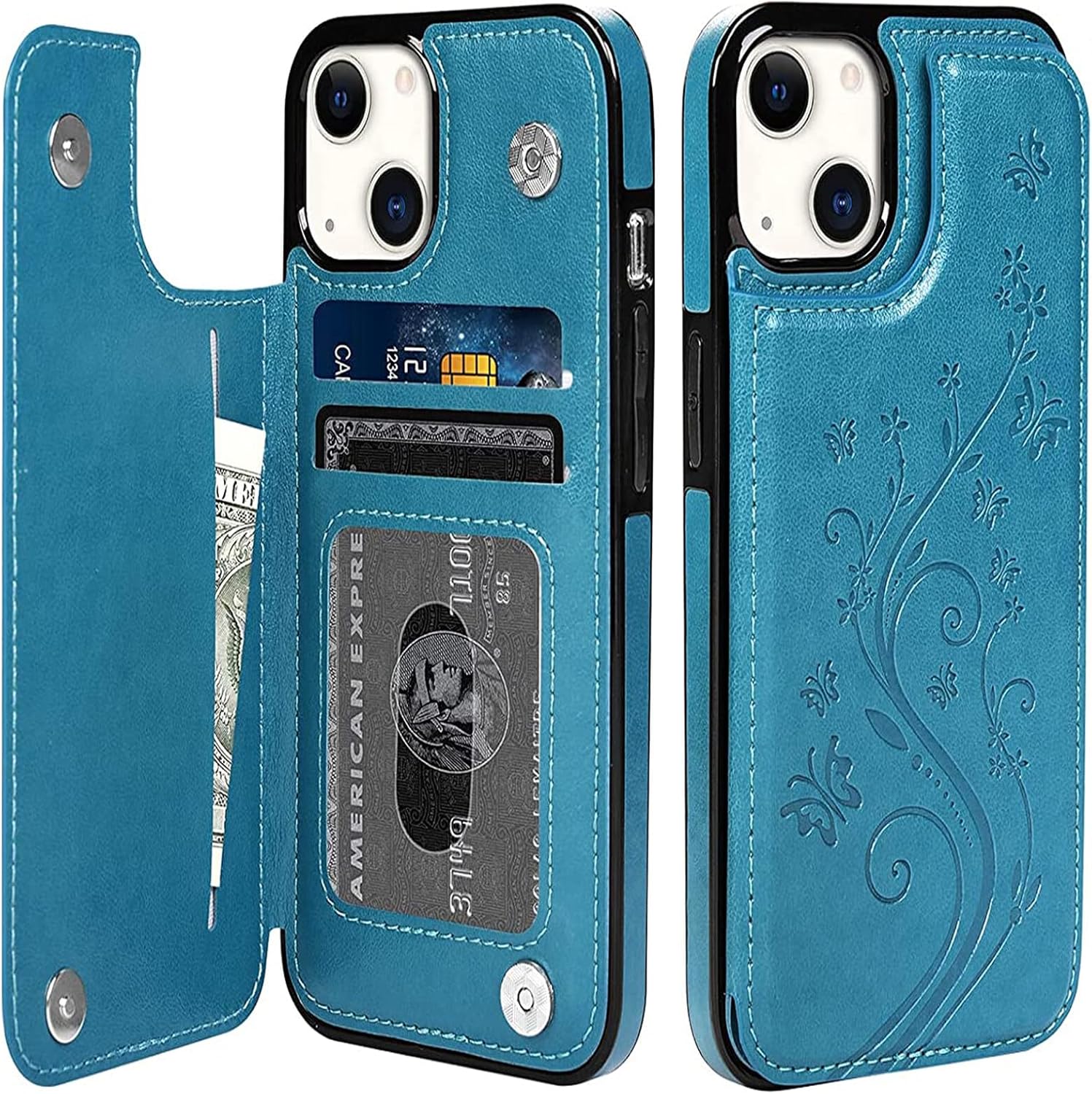 Mavis’s Diary Funda tipo cartera compatible con iPhone 15, de piel sintética, funda de silicona suave con diseño floral y mariposas, con tarjetero y