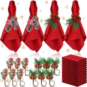 Sliner Juego de 24 servilletas y anillos de Navidad, 12 servilletas de Navidad lavables de color rojo y 12 servilleteros de Navidad para cenas Sliner Juego de 24 servilletas y anillos de Navidad, 12 servilletas de Navidad lavables de color rojo y 12 servilleteros de Navidad para cenas