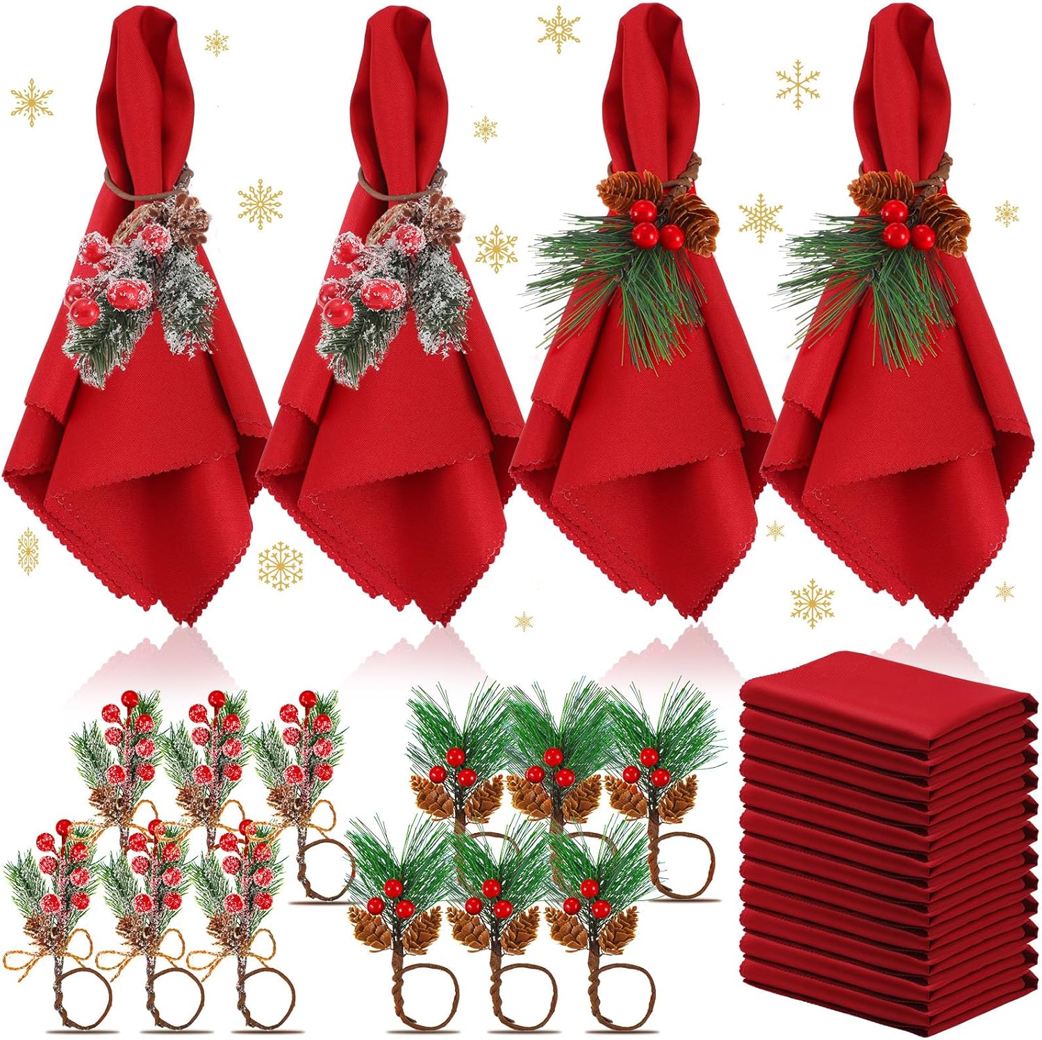 Sliner Juego de 24 servilletas y anillos de Navidad, 12 servilletas de Navidad lavables de color rojo y 12 servilleteros de Navidad para cenas