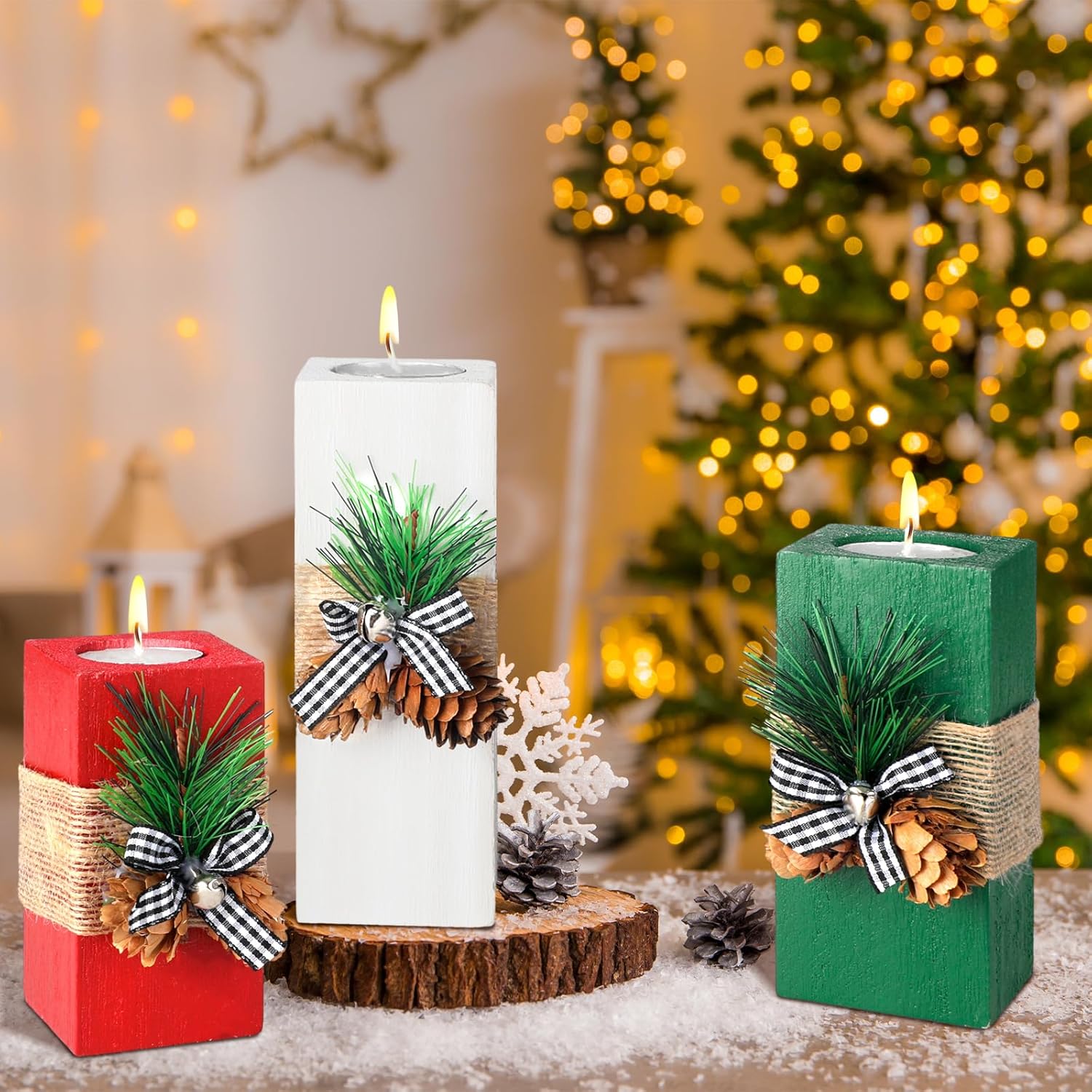 3 portavelas de Navidad con velas de madera, candelabros de Navidad, candelabros de madera votiva roja, blanca y verde, para decoración de centro de